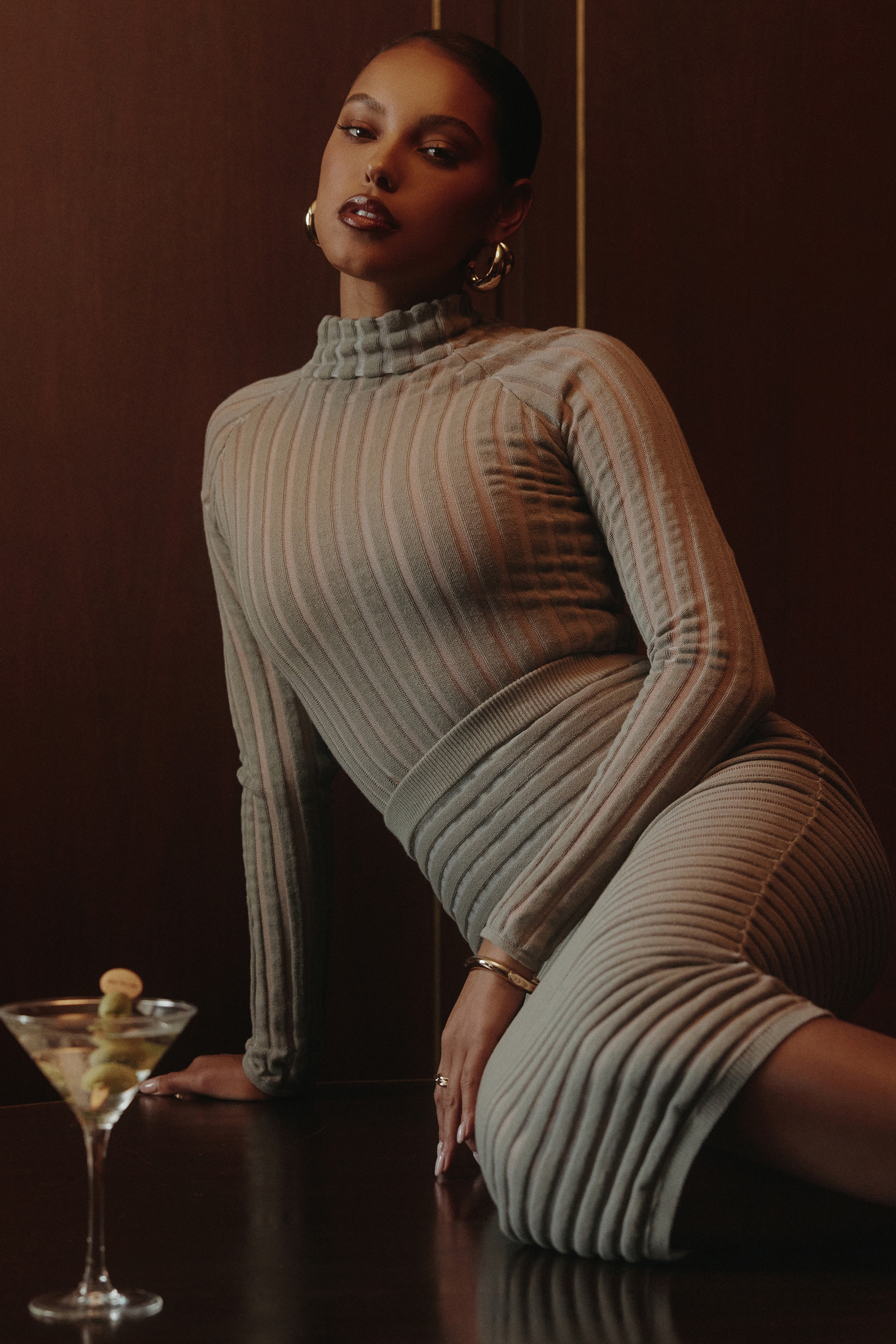 Rowena-Grey Velour Sheer Striped Bodysuit