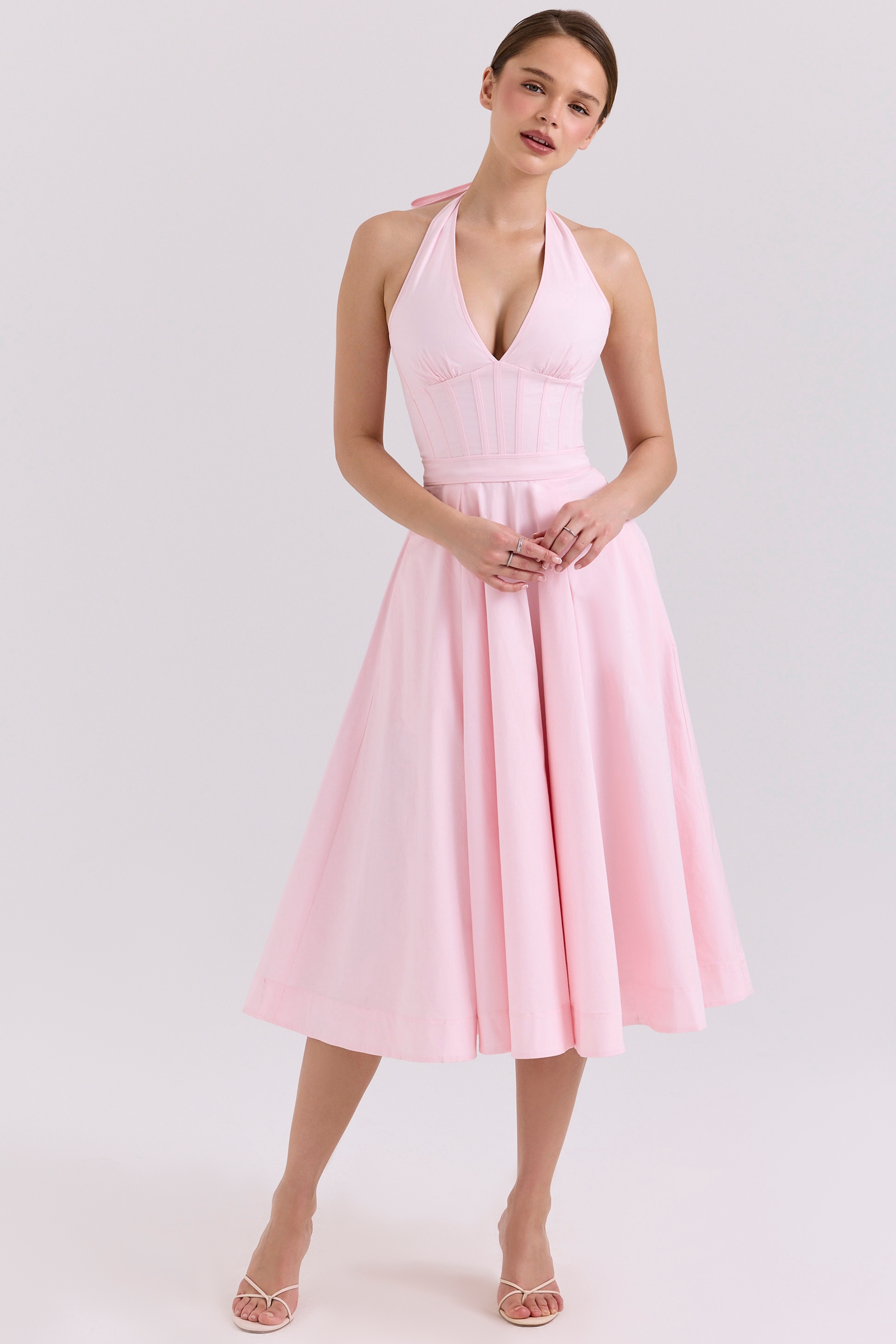 Allena-Pink Stretch Cotton Halter Midi Sundress