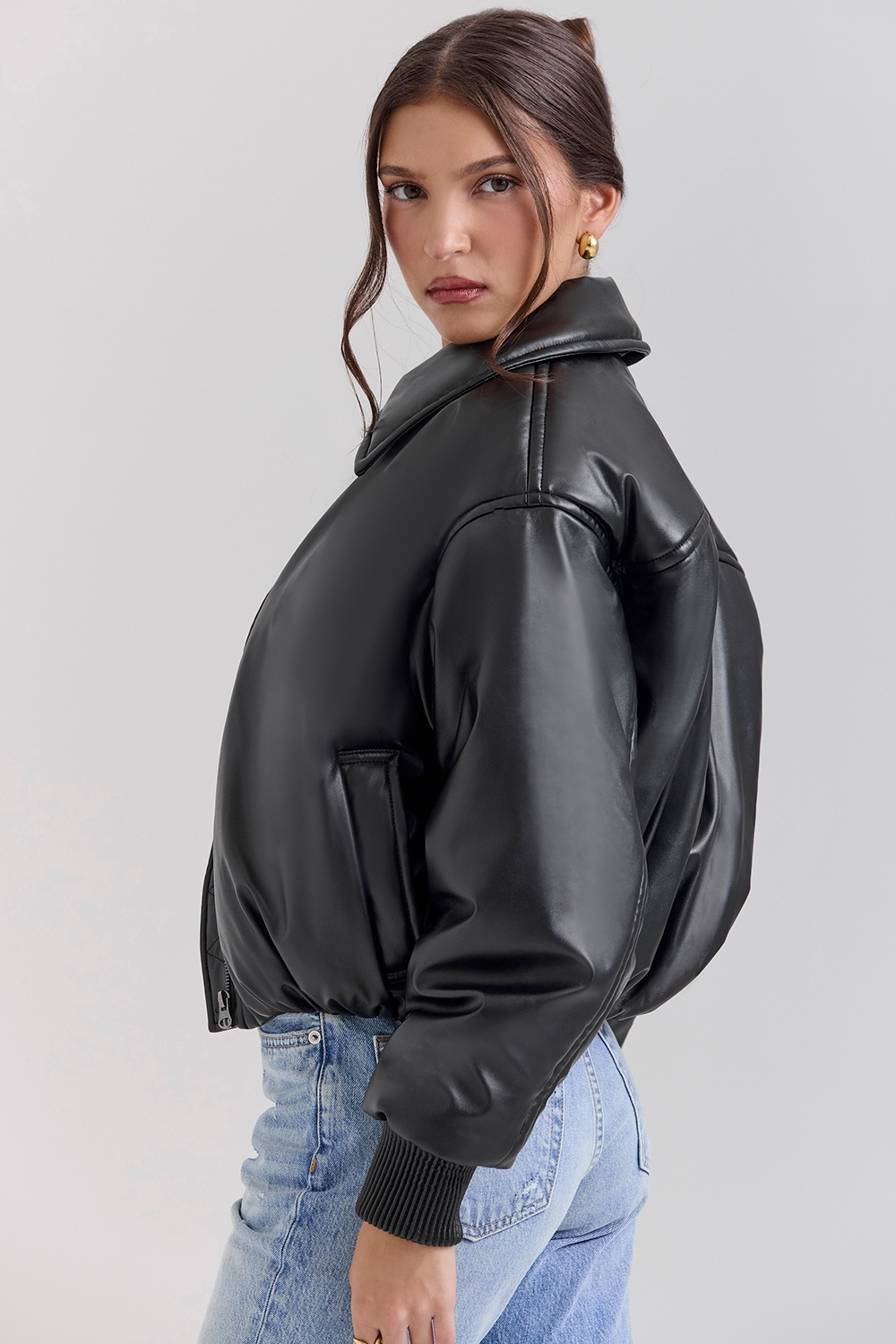 Sante-Black Vegan Leather Bomber Jacket