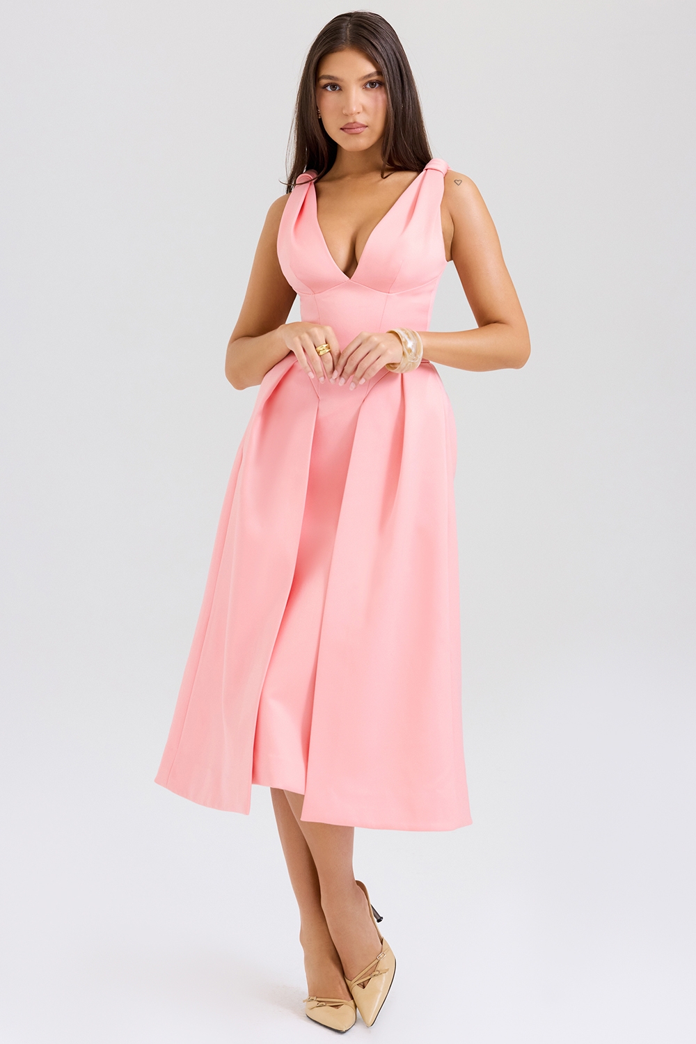 Paloma-Peach Satin Pleated Midi Dress - SALE