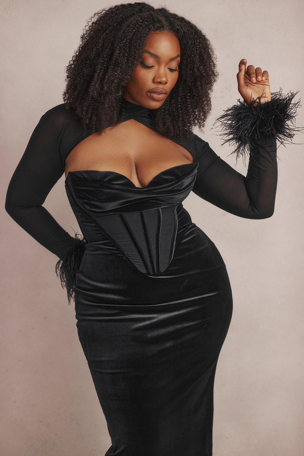 Thalia-Black Velvet Corset Maxi Dress