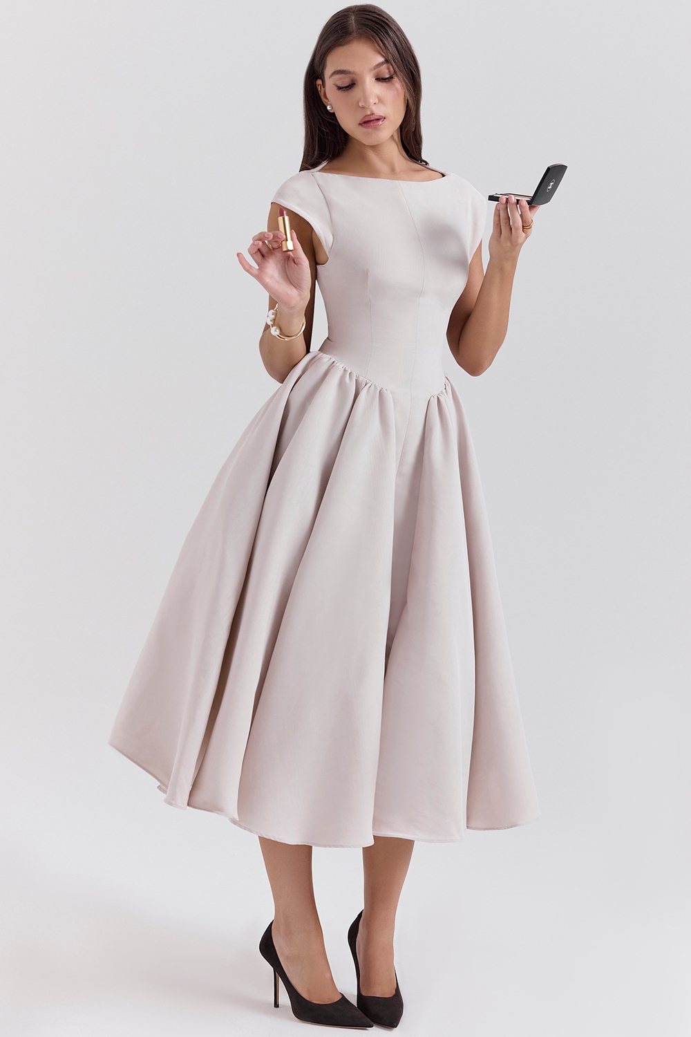 Debutante-French Dove Moire Satin Backless Midi Dress