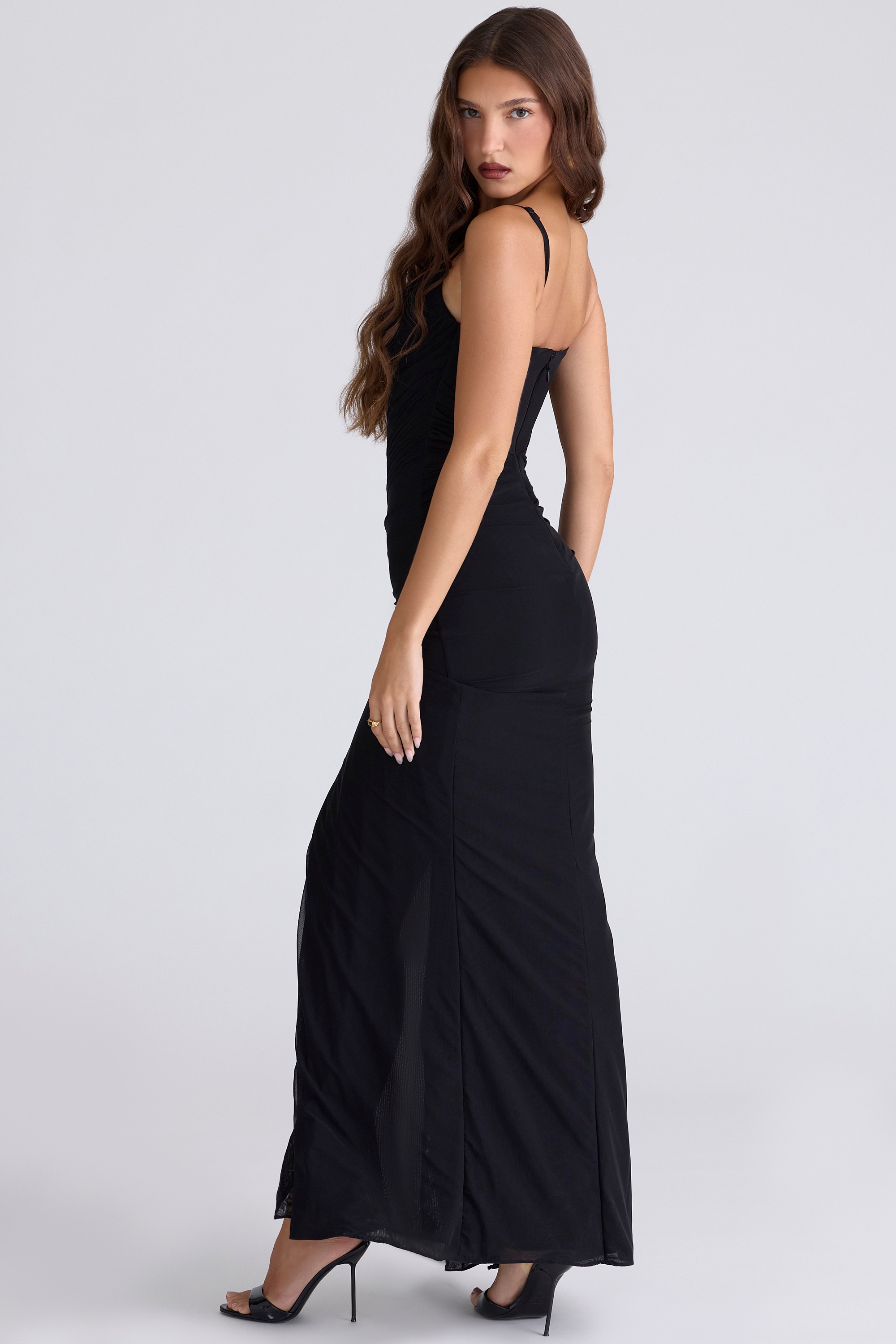 Issey-Black Stretch Mesh Draped Maxi Dress