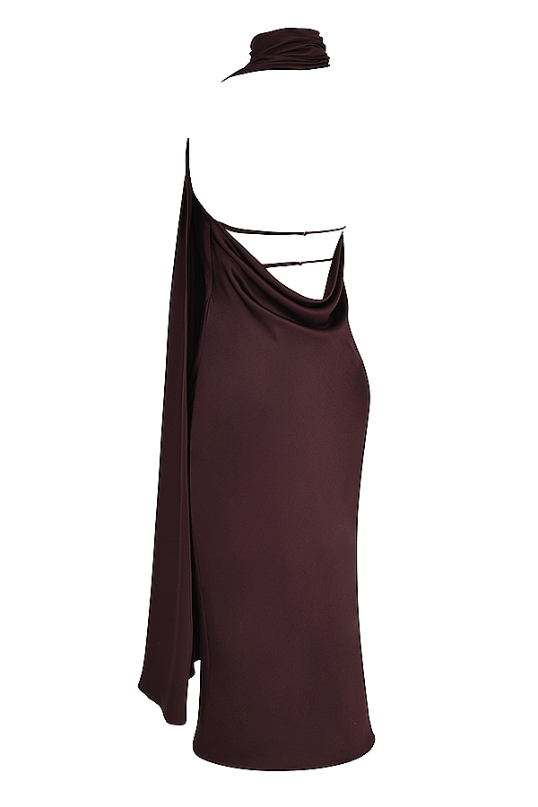 Angelina-Chocolate Wrap Neck Midi Dress