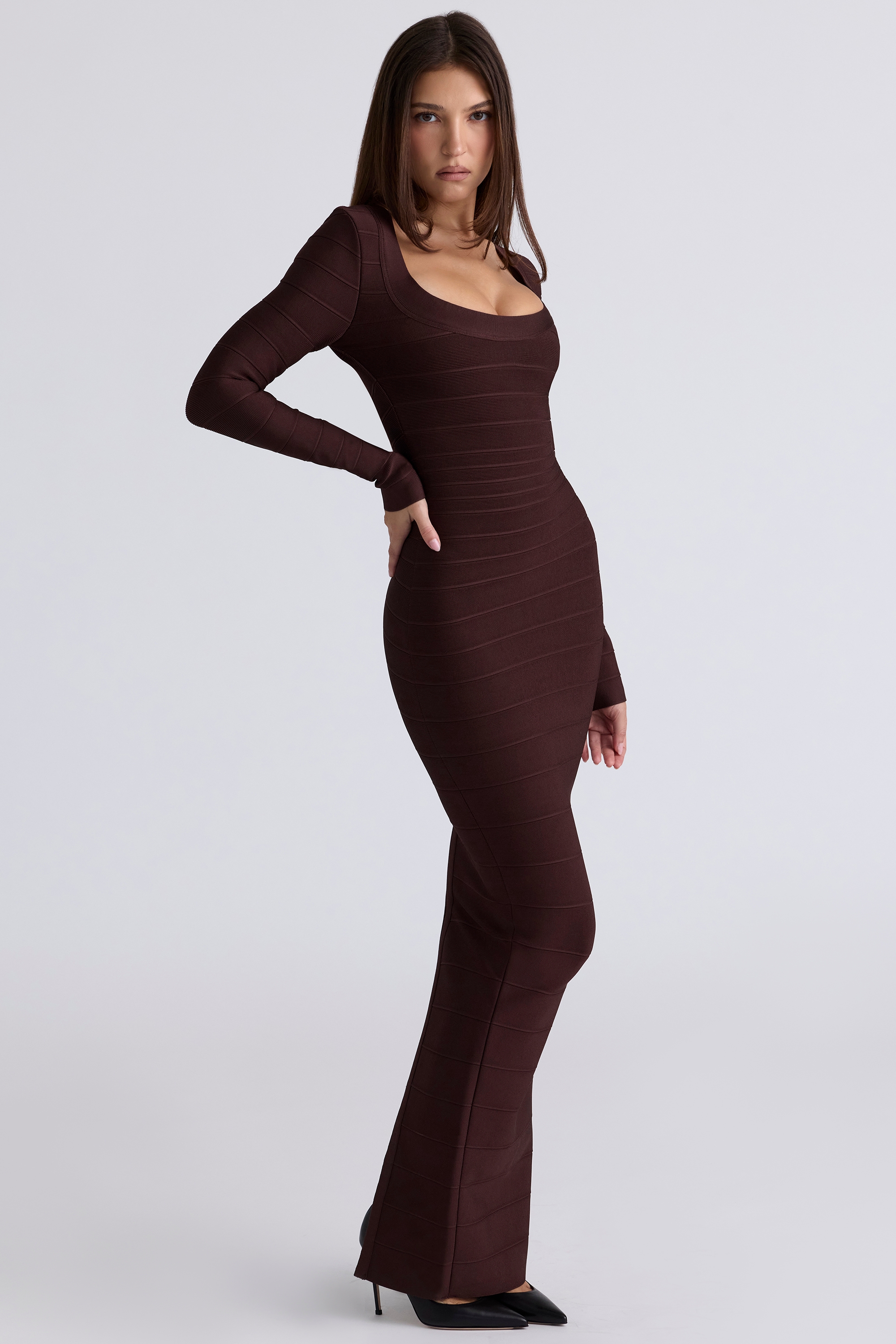 The OG-Chocolat Long Sleeve Stretch Bandage Maxi Dress