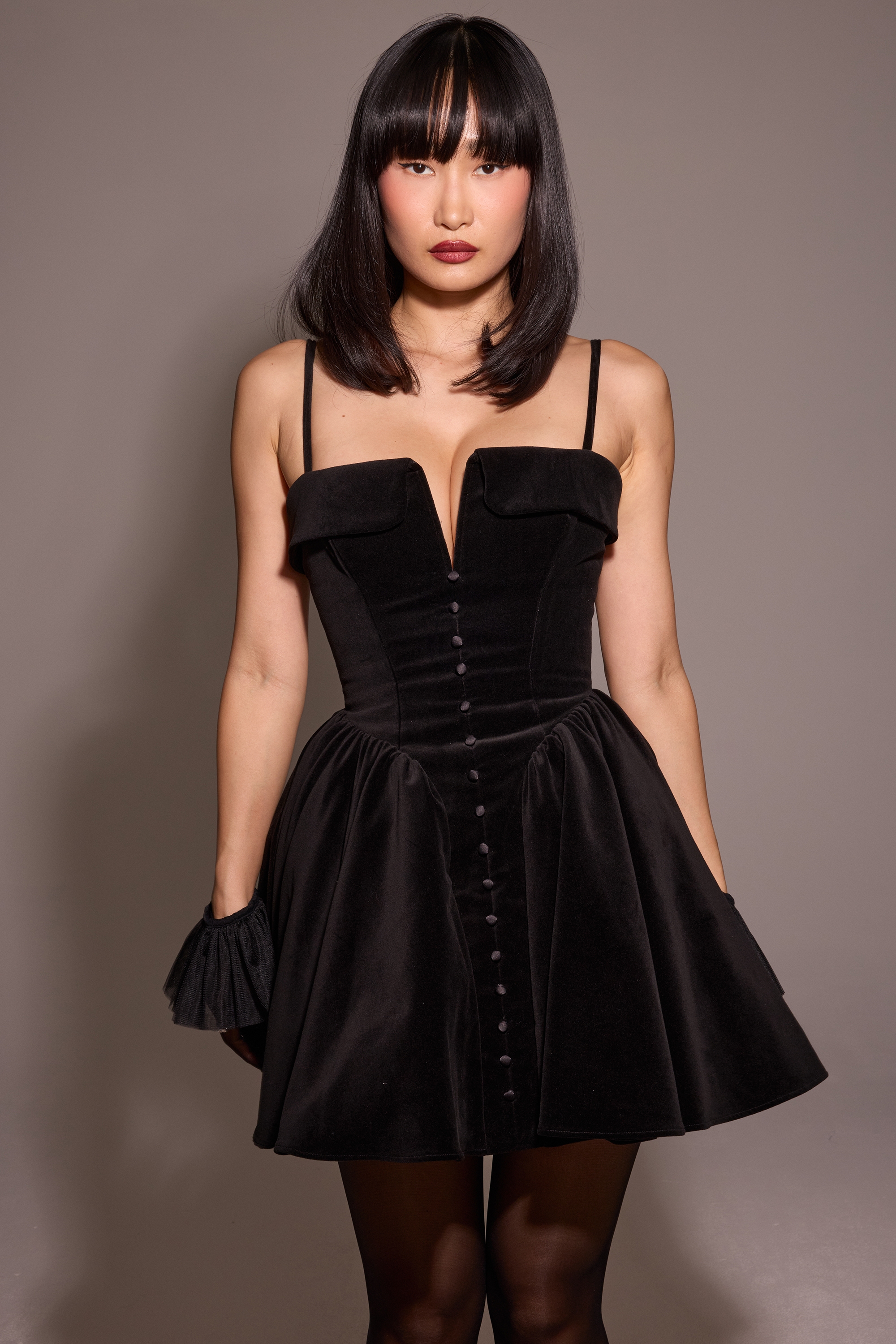 Selina-Black Velvet Tulle Mini Dress