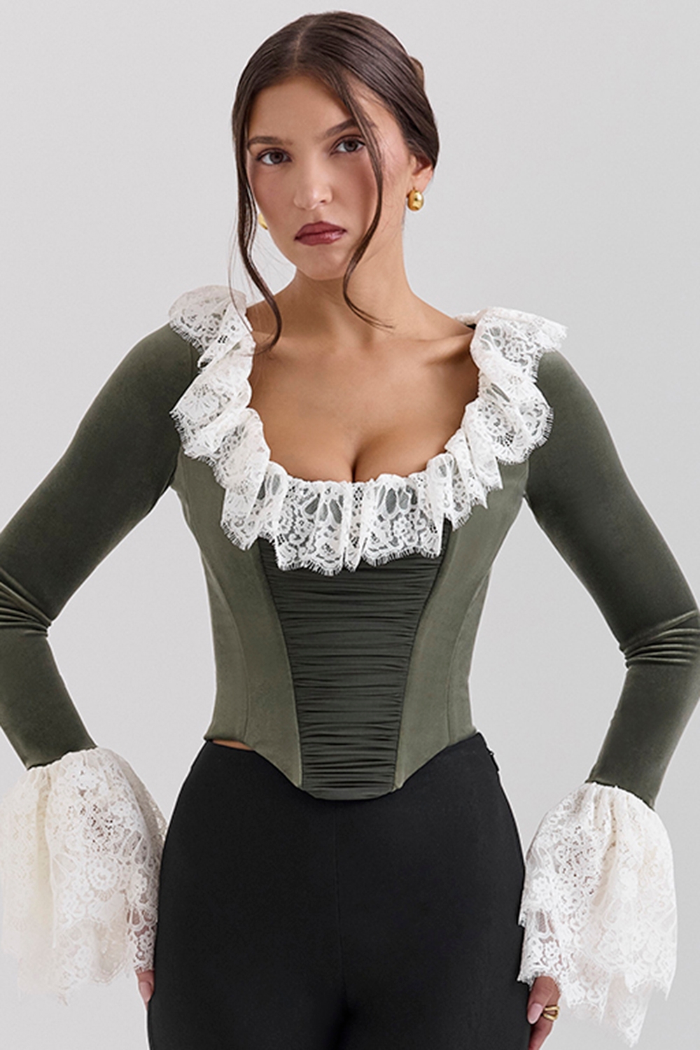 Jacinda-Forest Green Velvet Lace Trimmed Corset Top - SALE