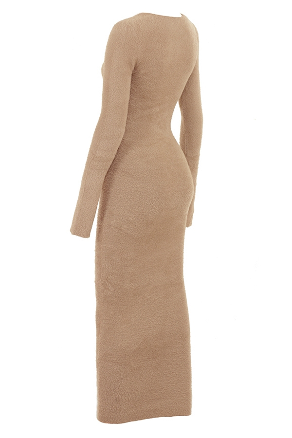Lucille-Camel Fuzzy Maxi Dress - SALE