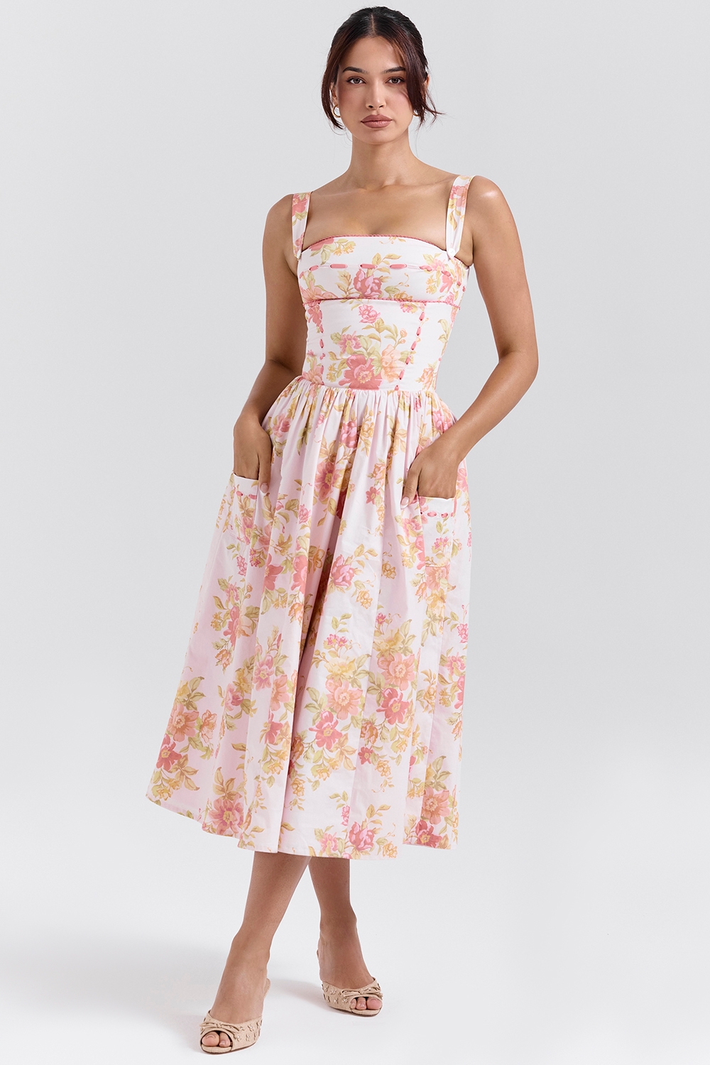 Vivien-Peach Poppy Print Cotton Midi Sundress