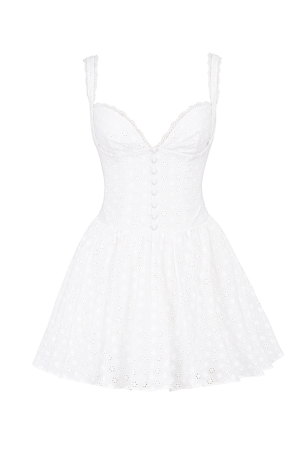 Brigitte-White Cotton Broderie Anglais Corset Mini Dress