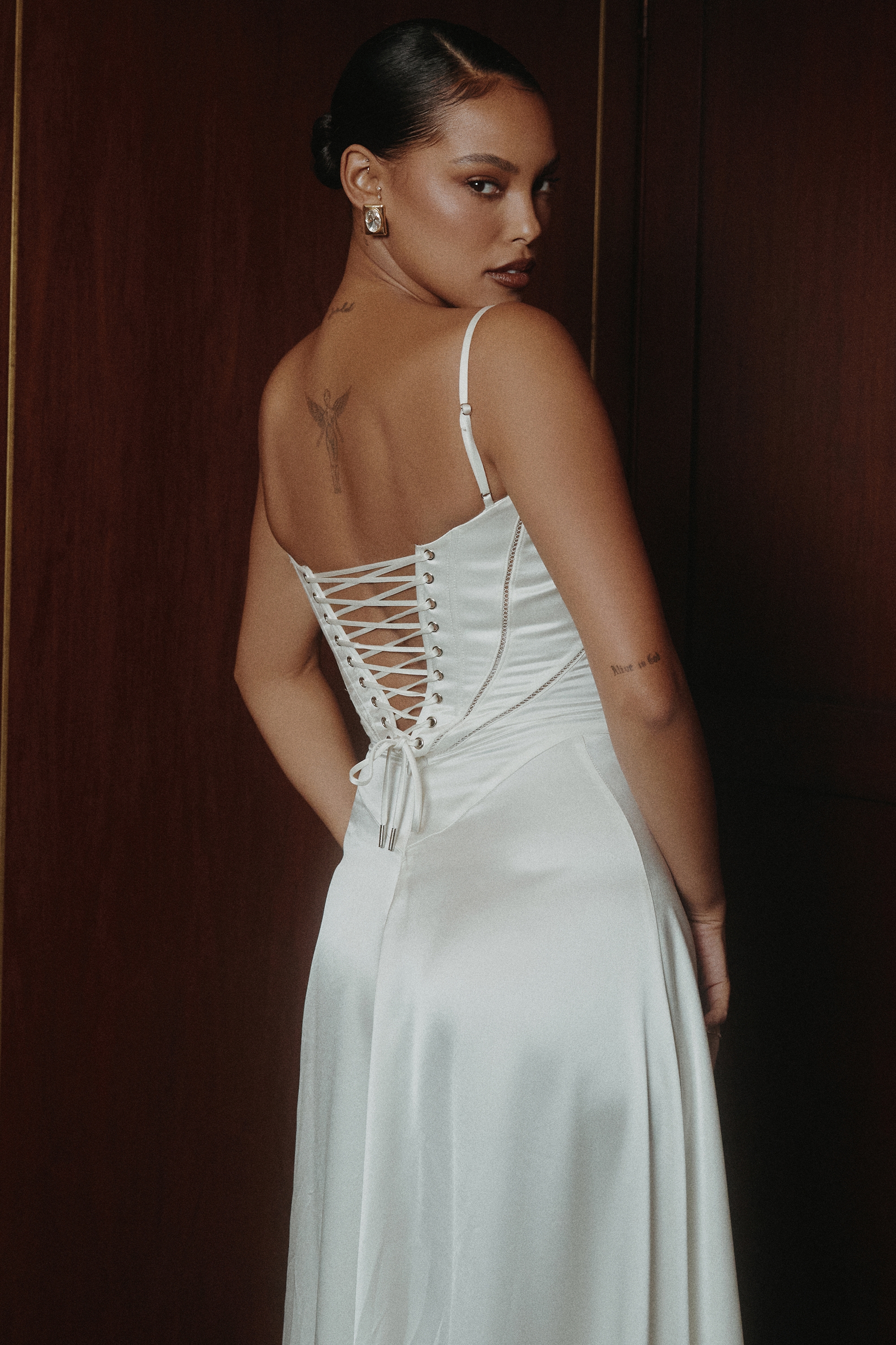 Anabella-Ivory Satin Lace Up Maxi Dress