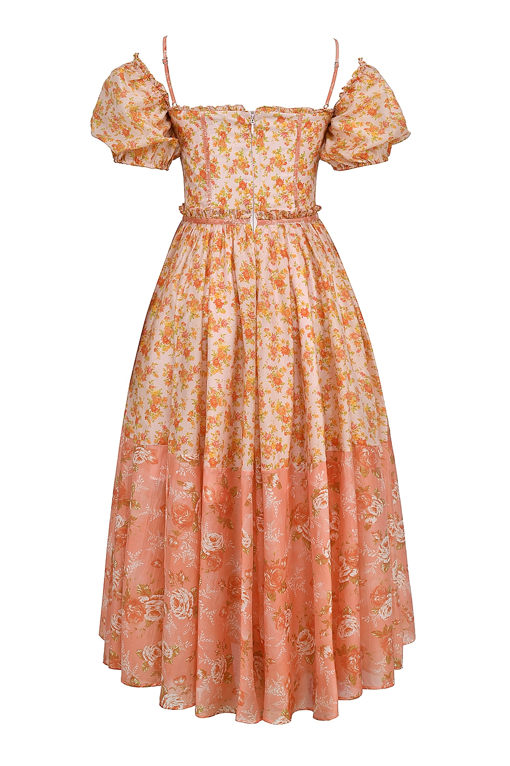 Penelope-Peach Poppy Print Puff Sleeve Midi Sundress