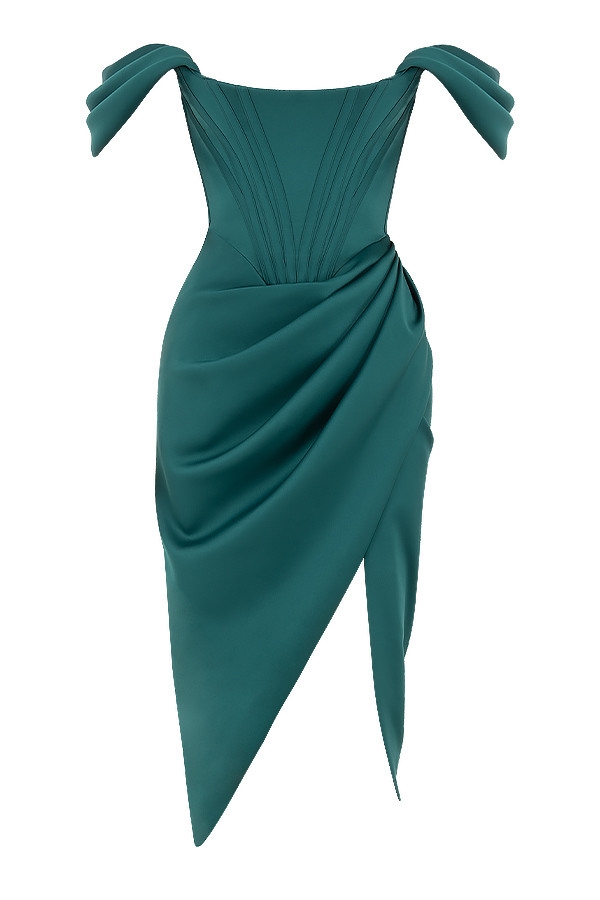 Loretta-Emerald Green Satin Off Shoulder Dress