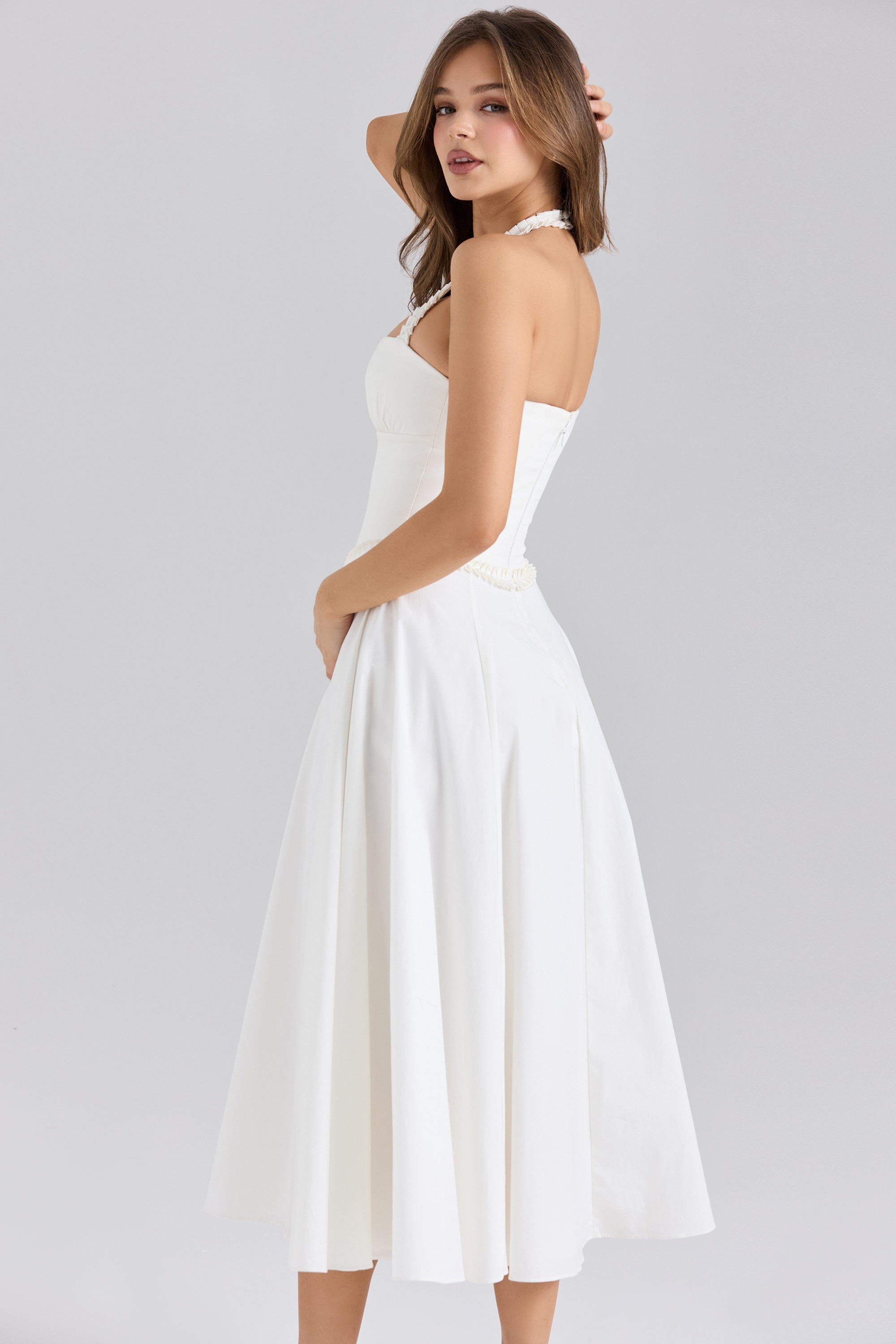 Georgie-White Stretch Cotton Halter Neck Midi Dress