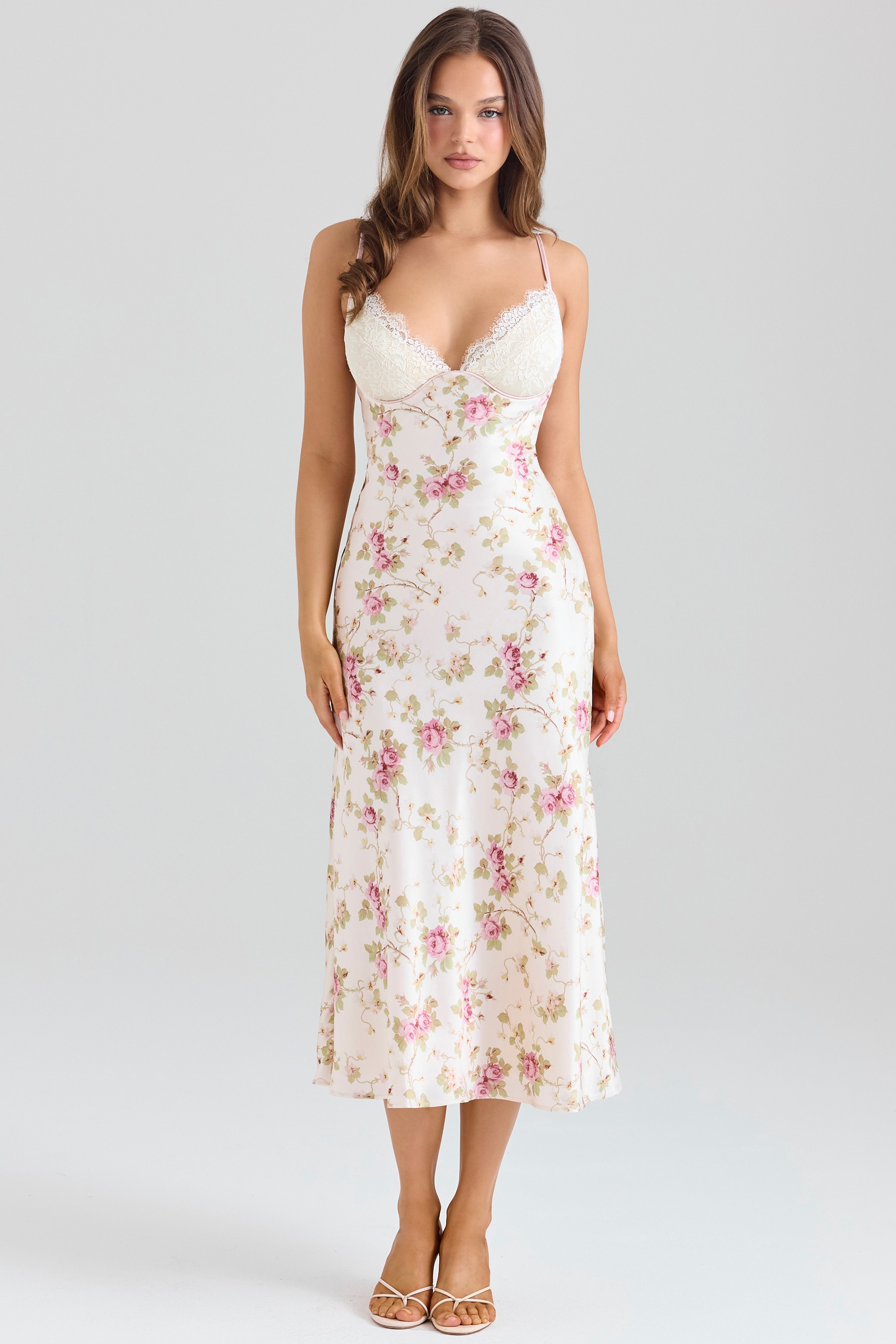 Felicity-Ivory Floral Print Satin Bias Cut Midi Dress