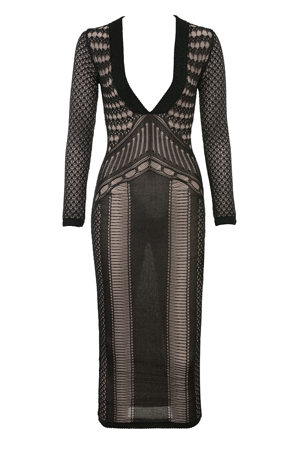 Loula-Black Plunge Open Knit Midi Dress - SALE