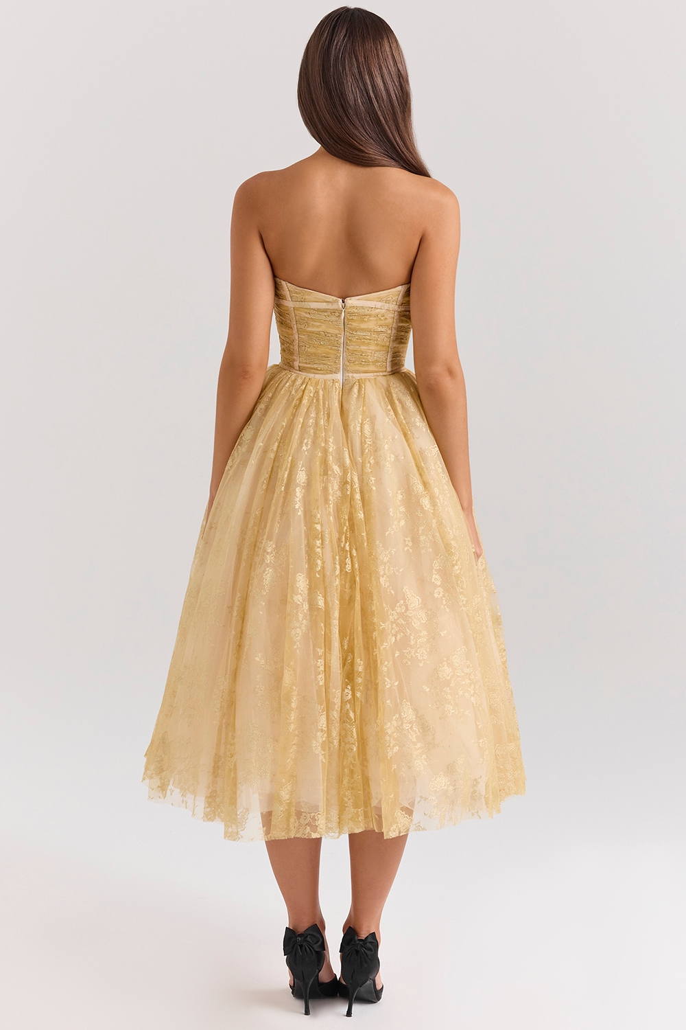 Madame-Gold Metallic Lace Tulle Midi Gown