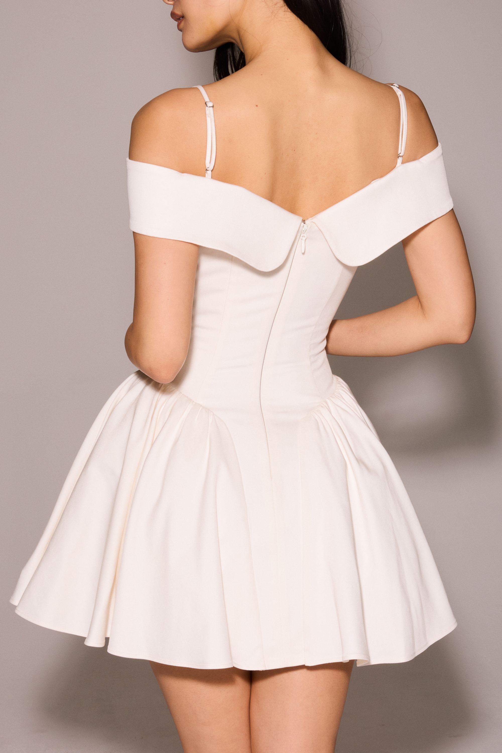 Elida-White Twill Off Shoulder Mini Dress