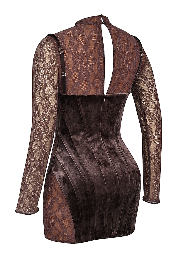 Marica-Brown Velvet & Lace Corset Dress