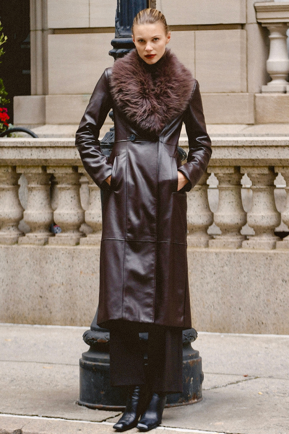 Marcel-Brown Faux Fur Trimmed Vegan Leather Coat