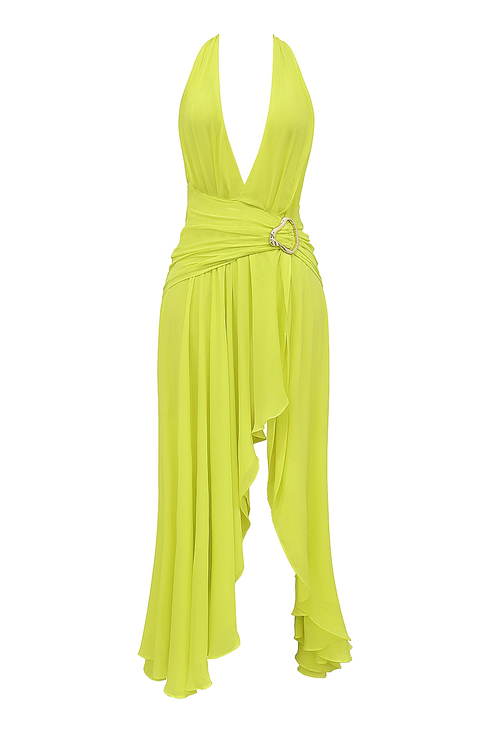 Olessia-Acid Lime Backless Halter Maxi Dress