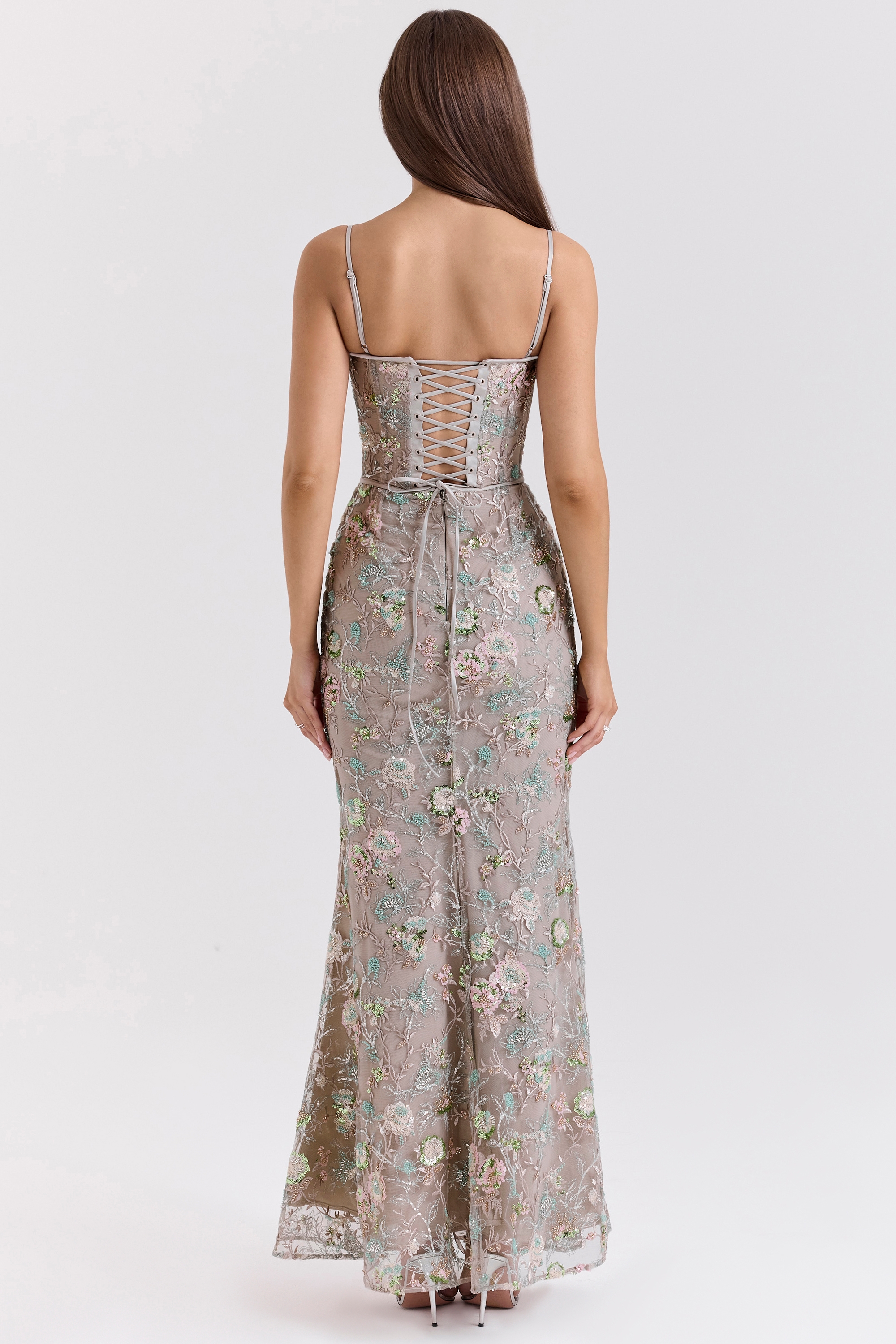 Naima-Silver Embellished Beaded Corset Maxi Dress
