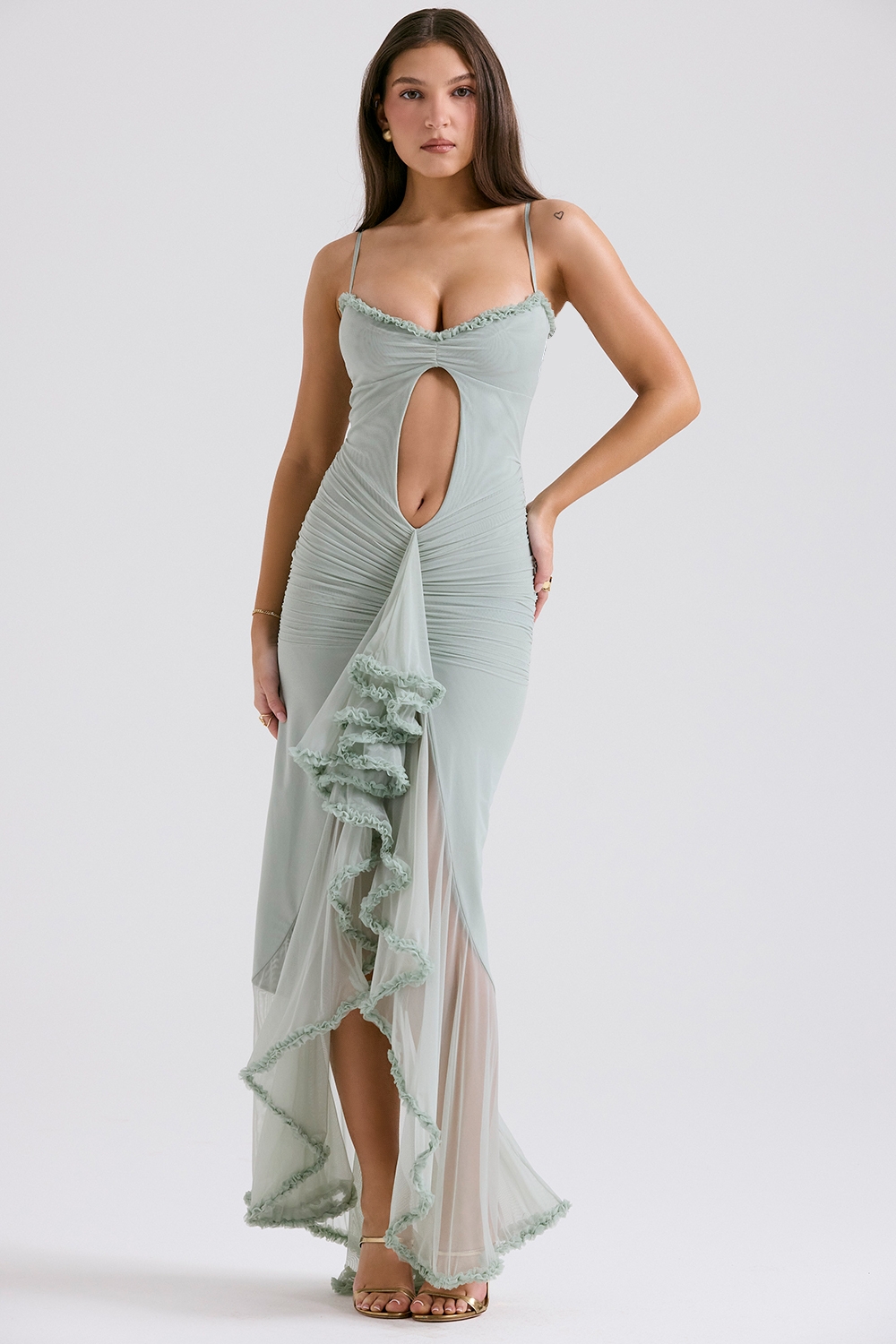 Gabriella-Pistachio Ruffled Front Gown
