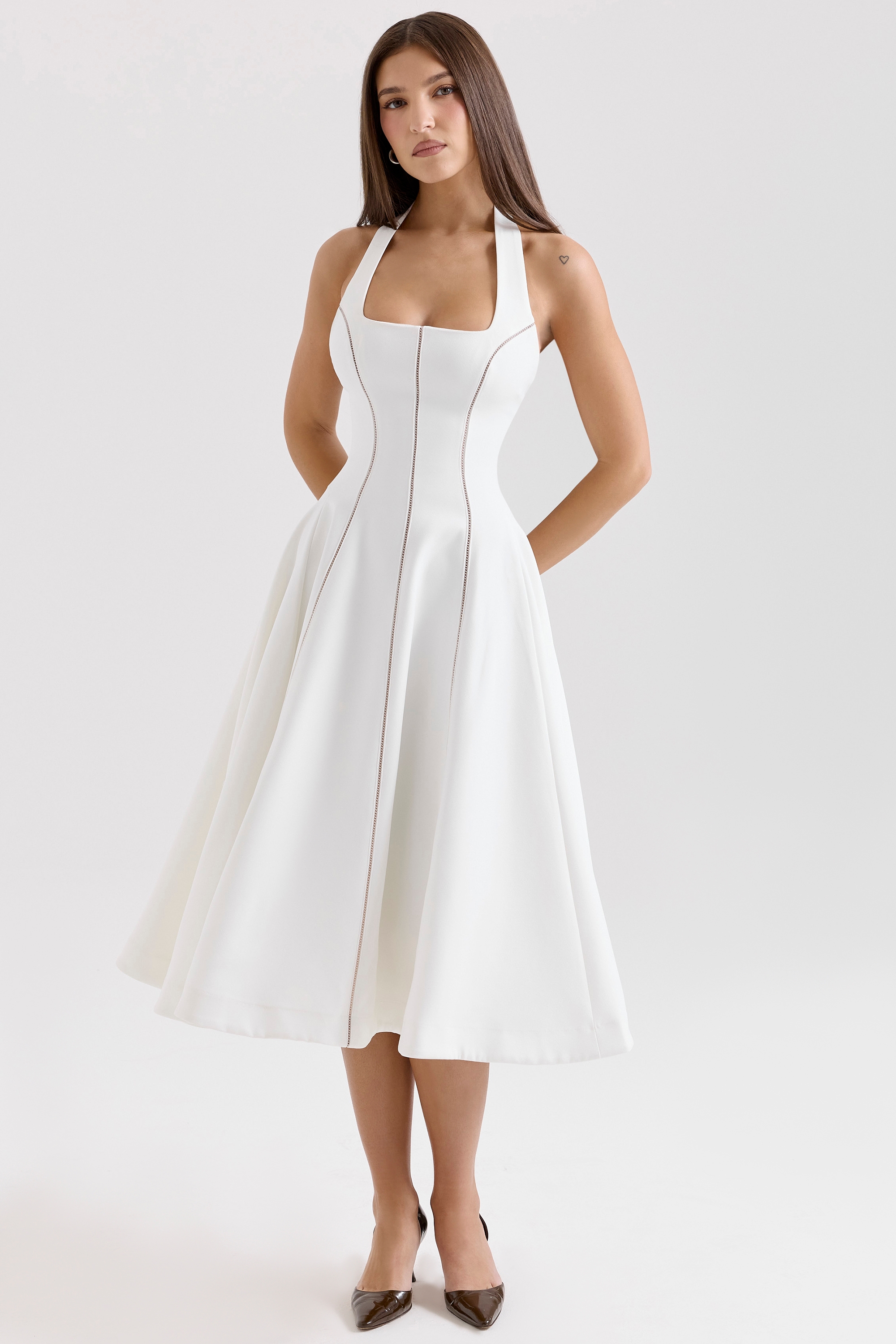 Loulou-Ivory Halter Neck Midi Dress