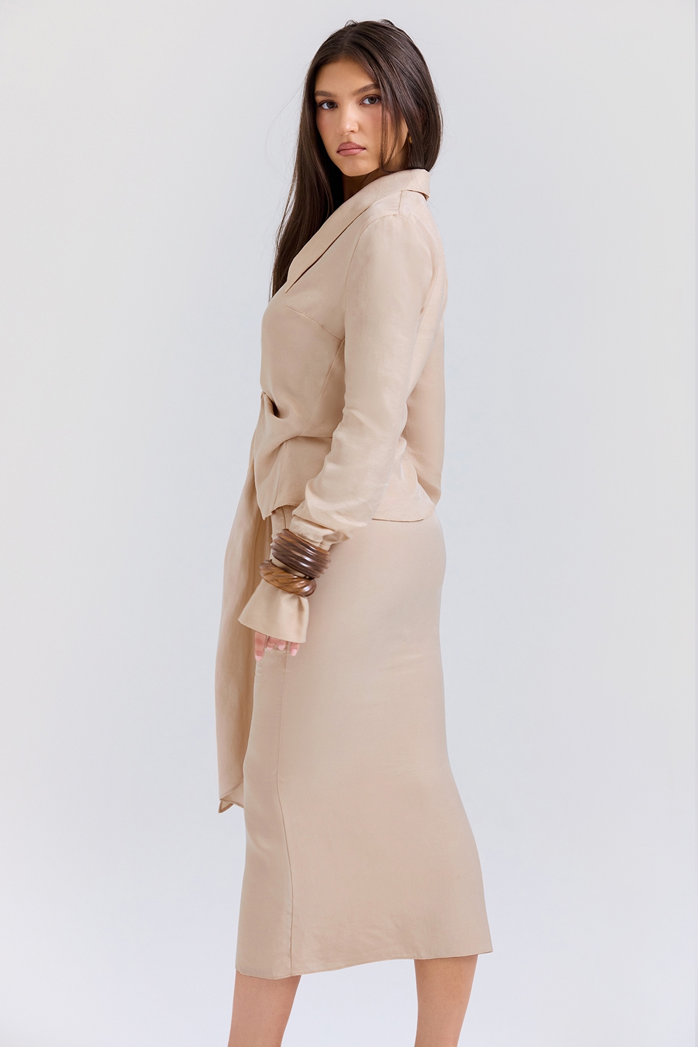 Nevaeh-Almond Plunge Shirt Midi Dress