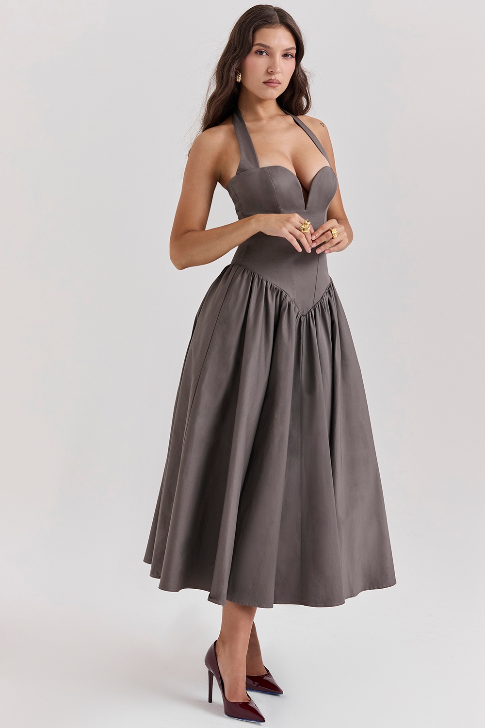 Coquette-Smoke Halter Midi Dress