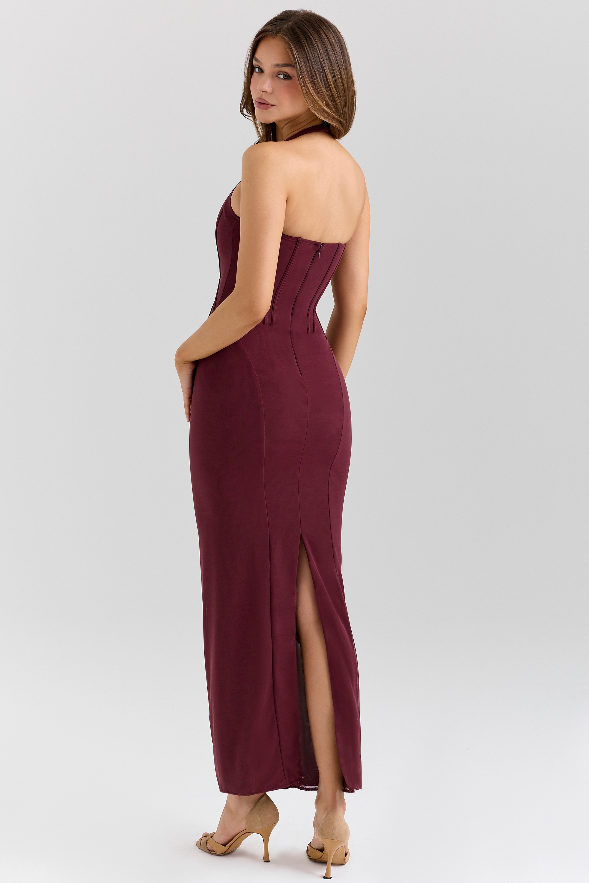 Lusilla-Grape Stretch Mesh Halter Neck Midi Dress