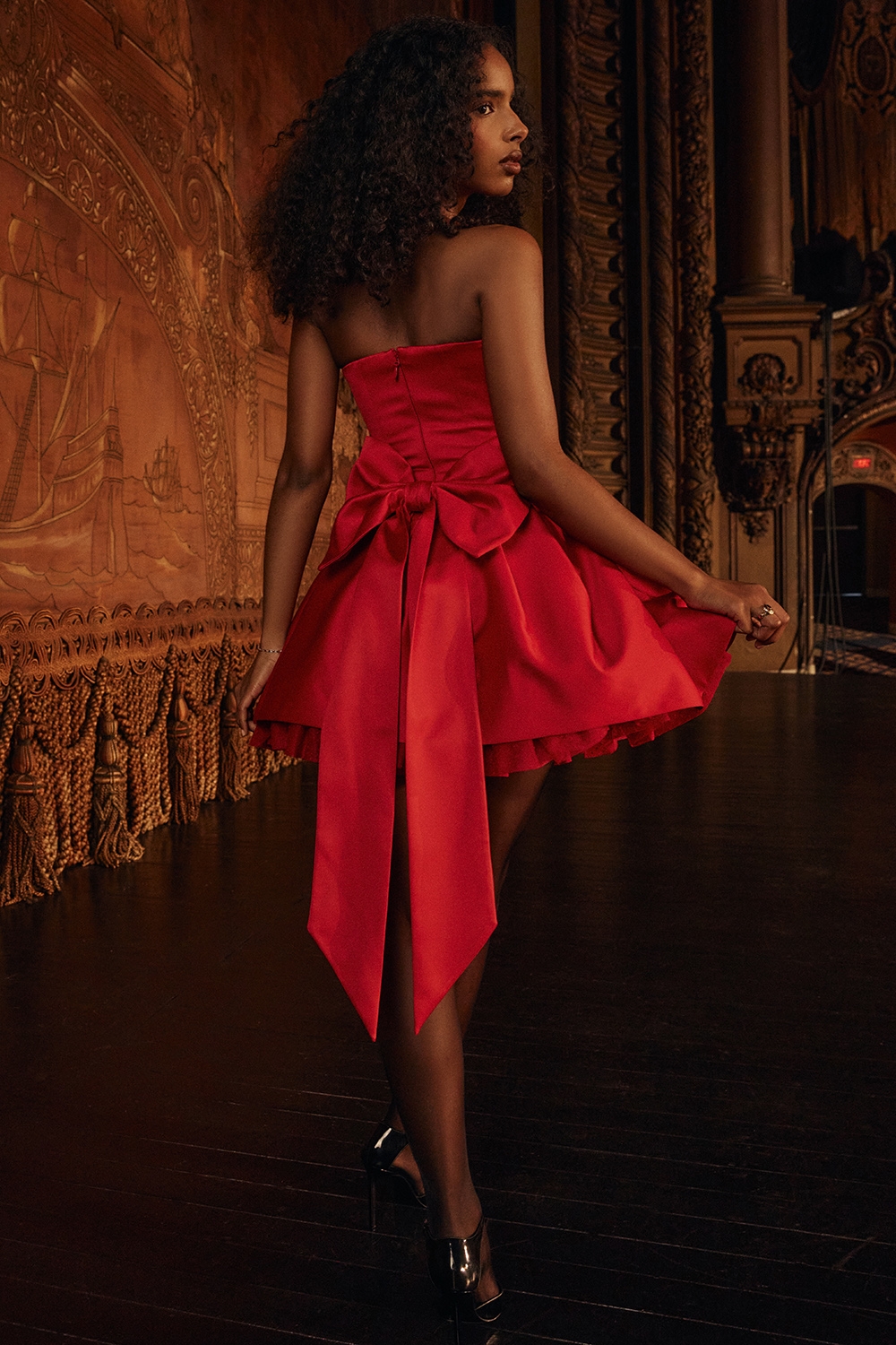 Salome-Holly Red Satin Detachable Bow Mini Dress