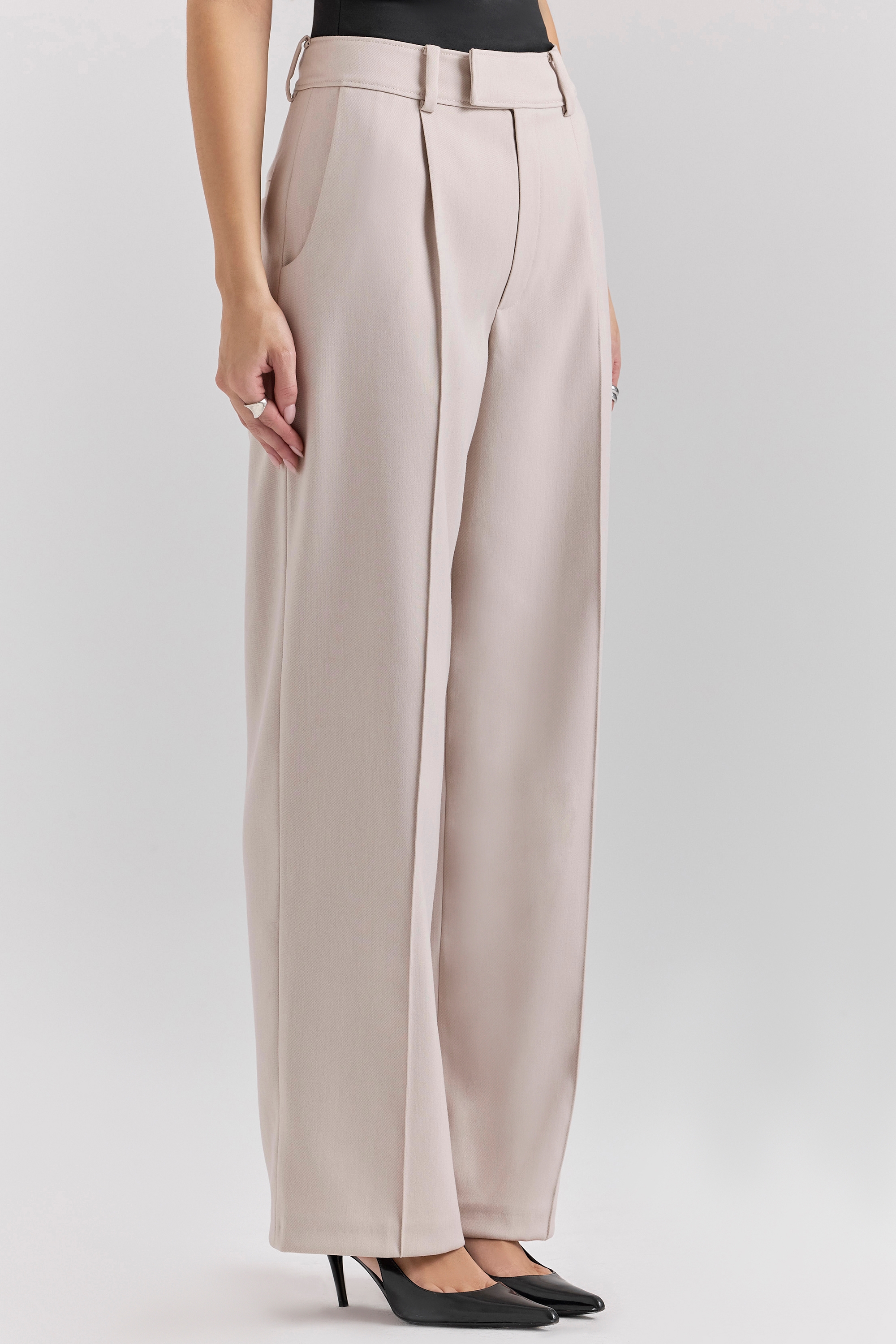 Hayden-Beige High Waist Tailored Trousers