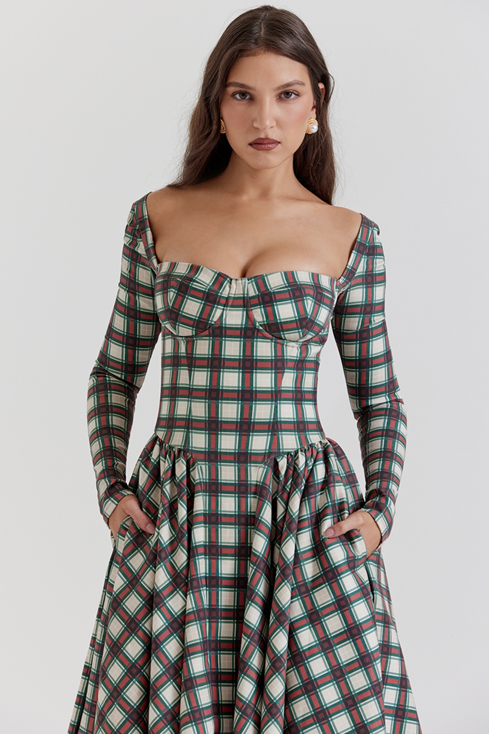 Eliza-Red Tartan Corset Midi Dress