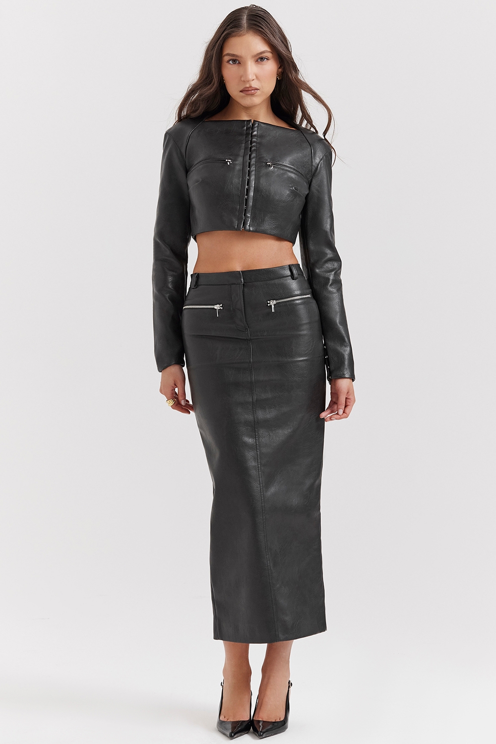 Tana-Black Vegan Leather Maxi Skirt