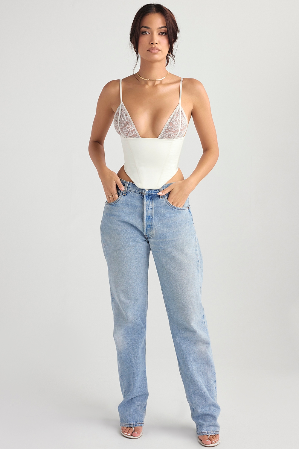 Emilee-Ivory Satin and Lace Corset