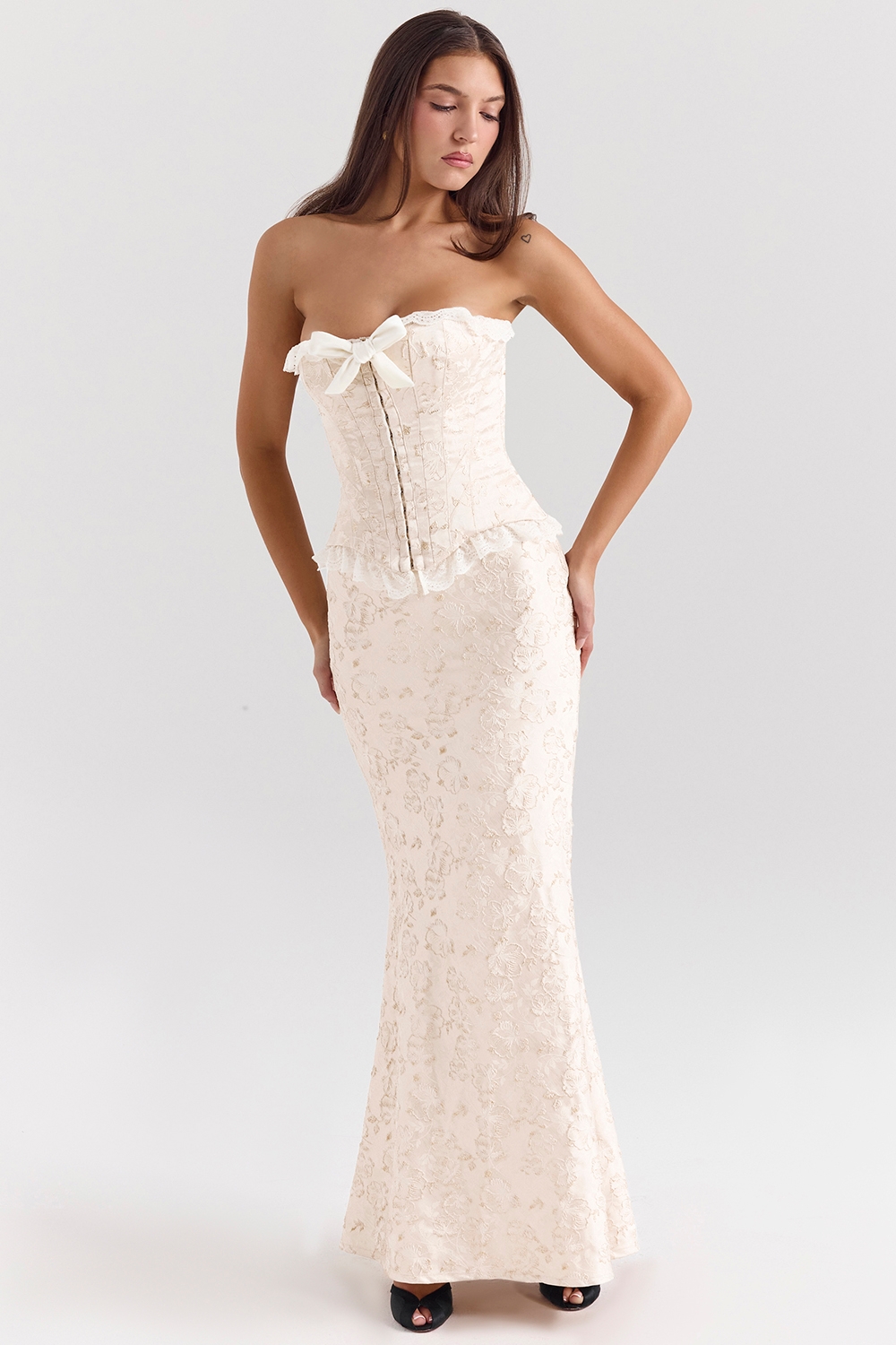 Mara-Ivory Metallic Jacquard Maxi Skirt