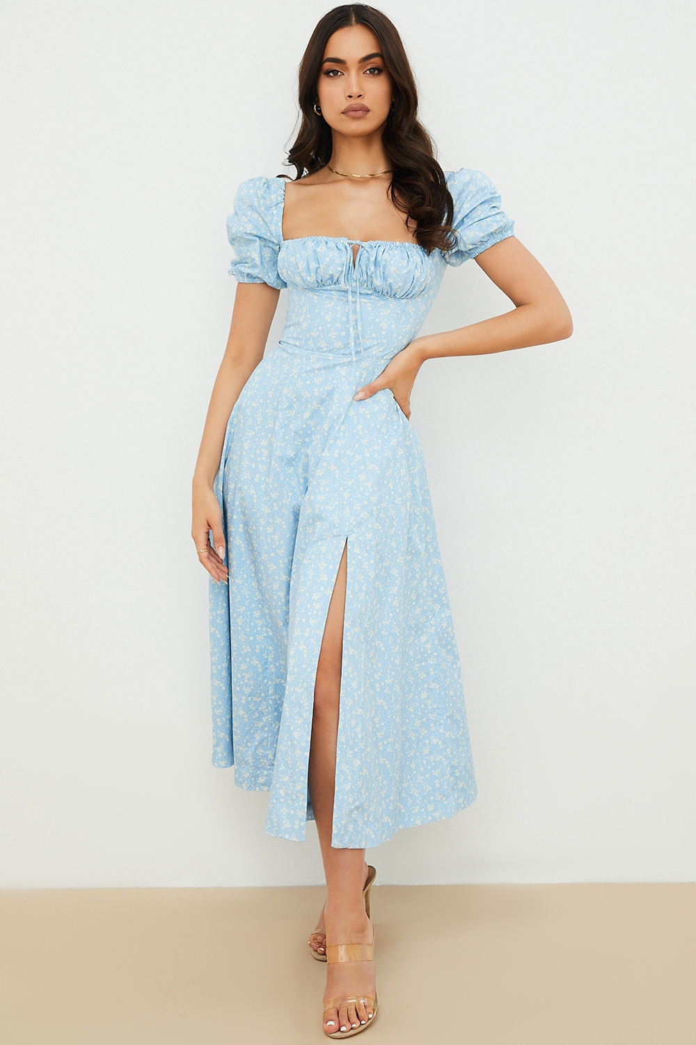 Tallulah-Blue Ivory Floral Puff Sleeve Midi Dress