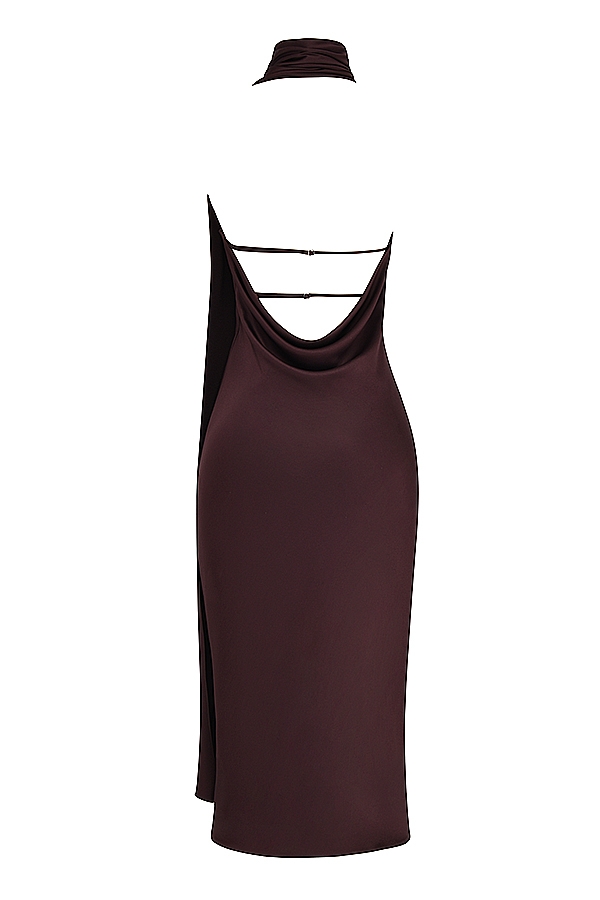 Angelina-Chocolate Wrap Neck Midi Dress