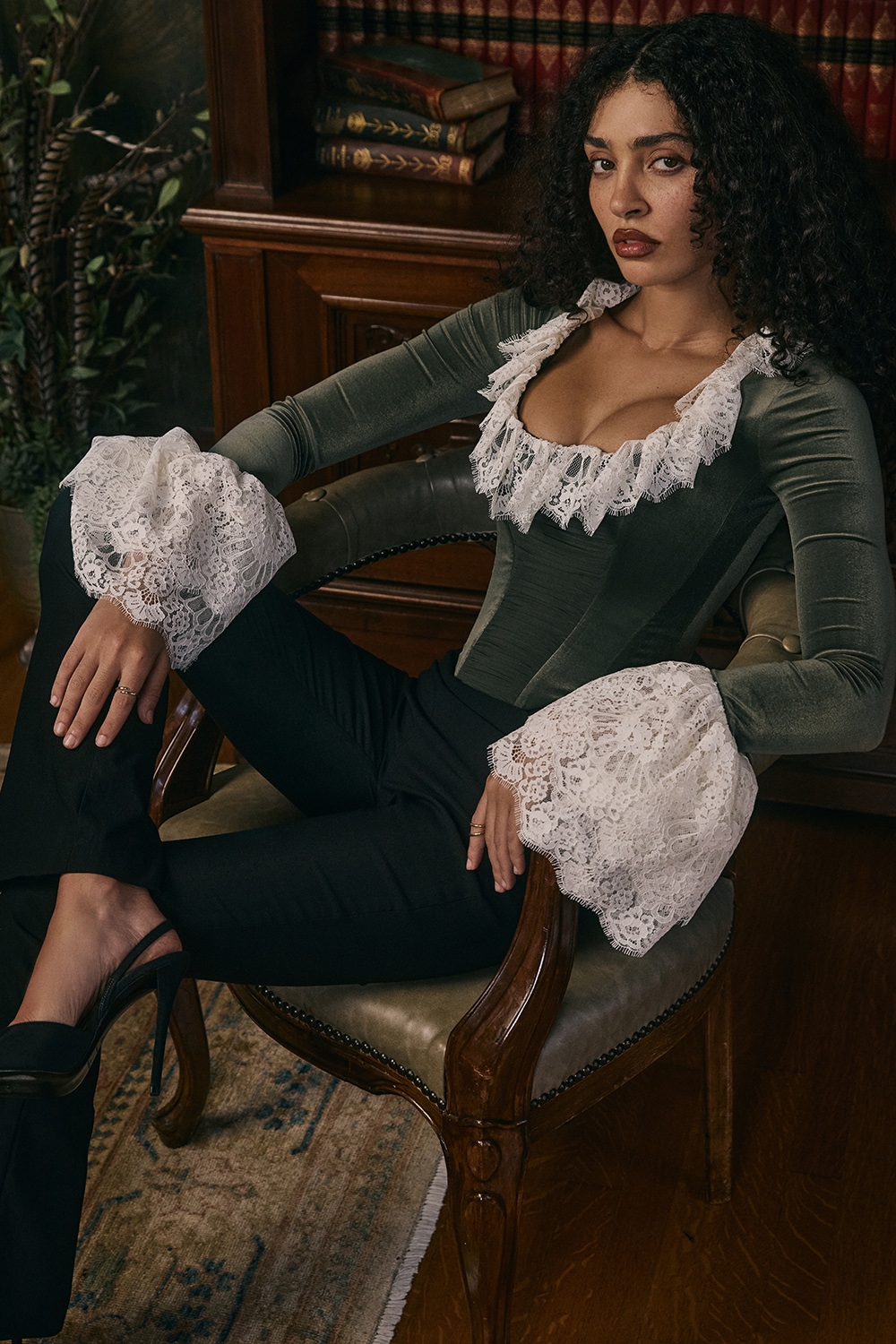 Jacinda-Forest Green Velvet Lace Trimmed Corset Top - SALE