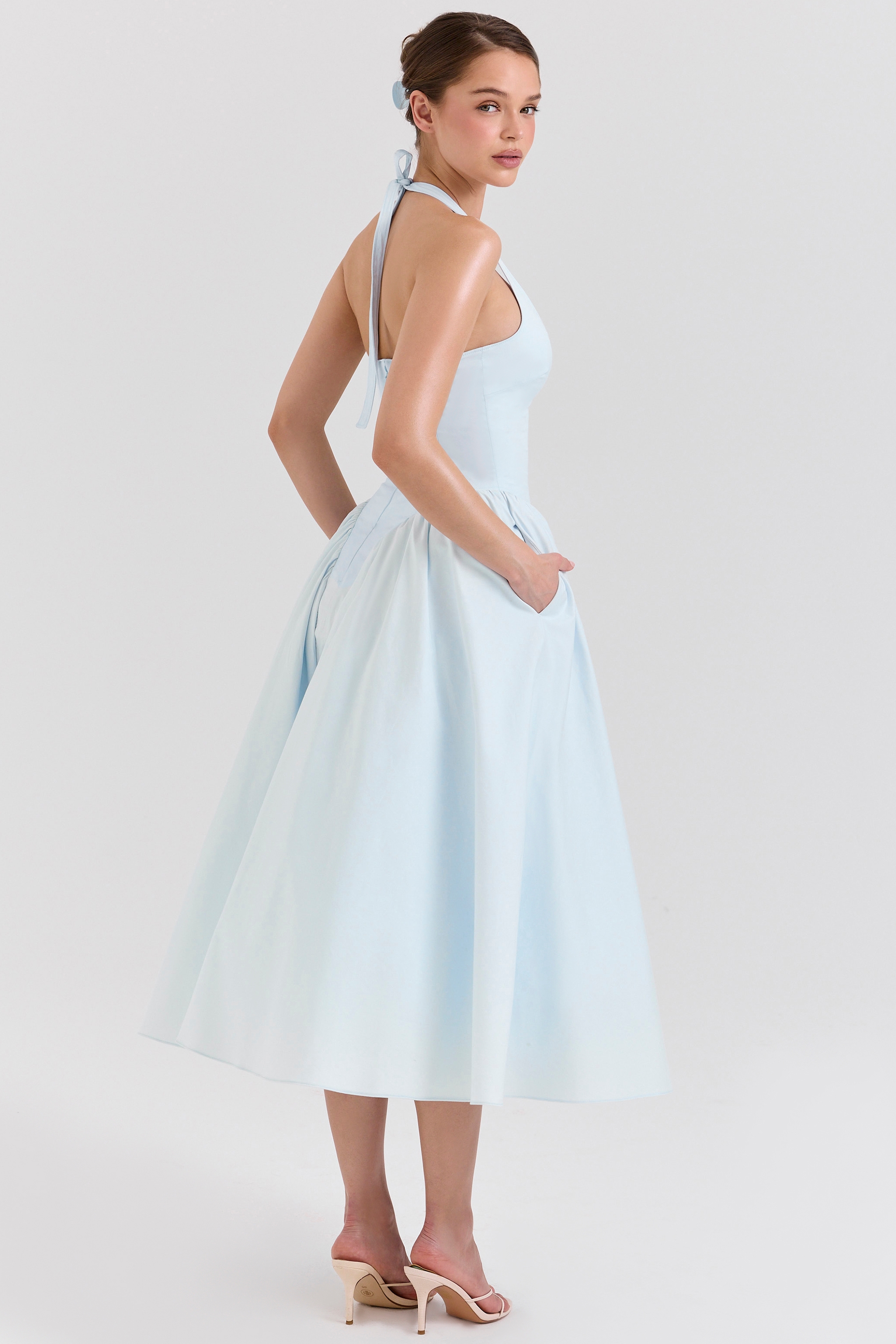 Marilyn-Soft Blue Cotton Twill Halter Midi Sundress