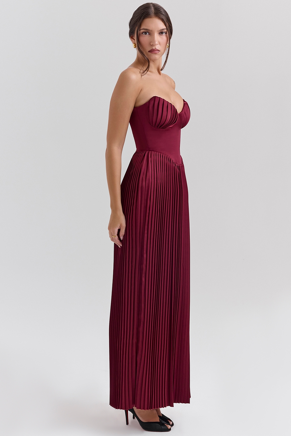 Marcella-Berry Pleated Satin Maxi Dress