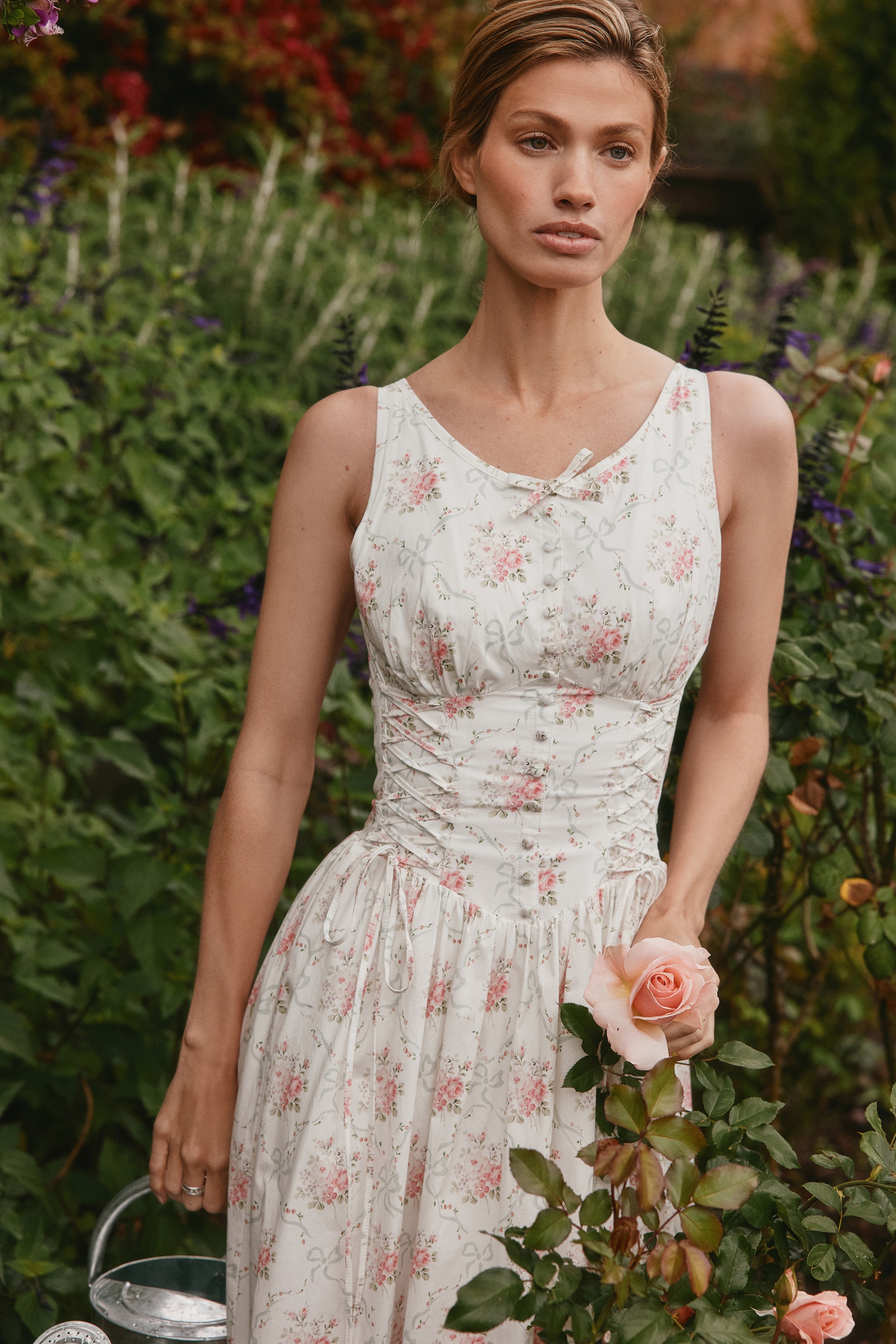 Sienna-Rose Print Stretch Cotton Lace Up Midi Dress