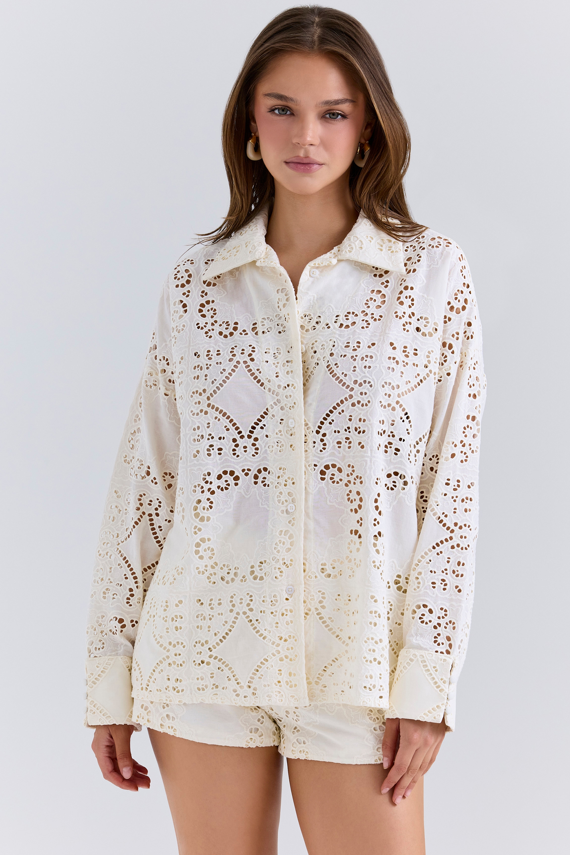 Samah-White Cotton Broderie Anglaise Shirt
