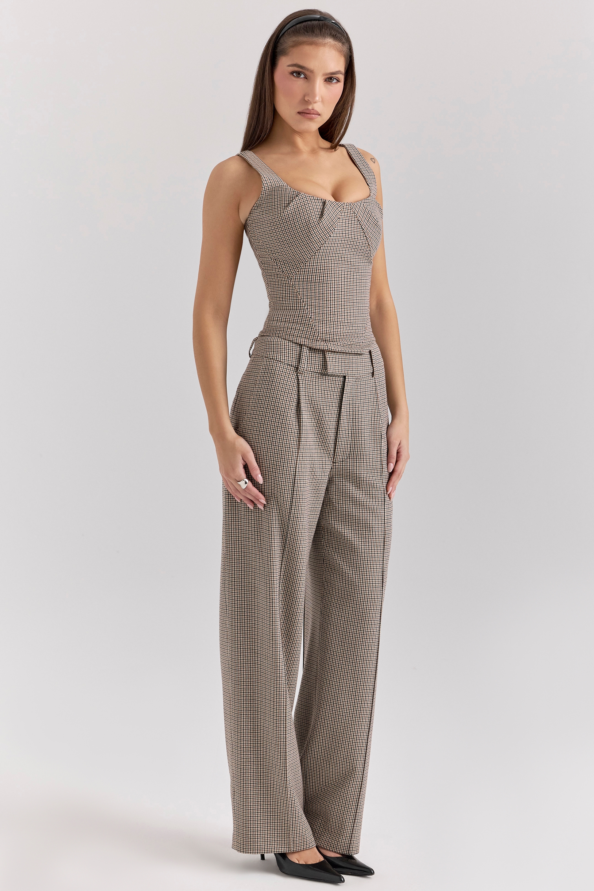 Hayden-Brown Puppytooth Wide Leg High Waist Tailored Trousers
