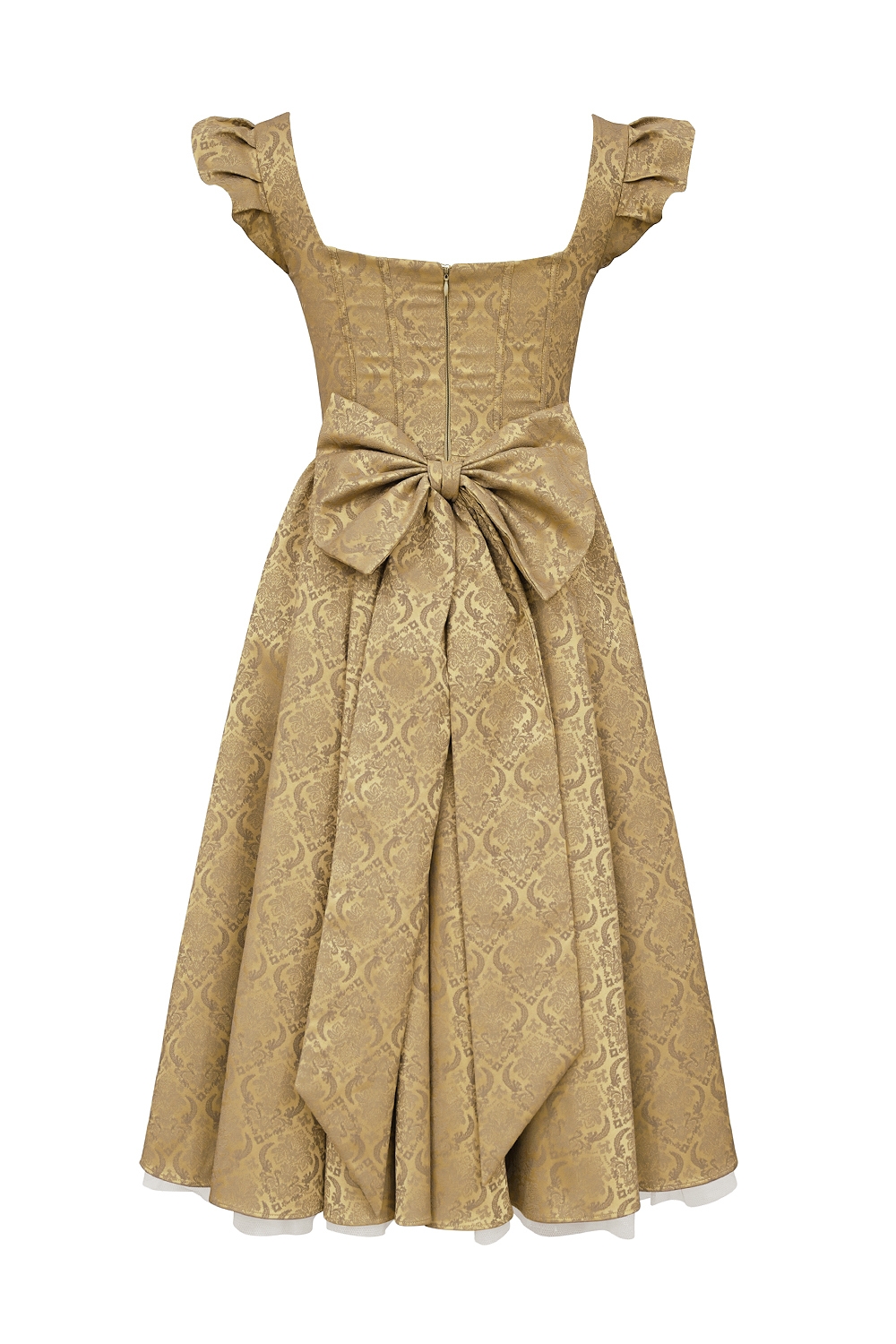 Alessandra-Gold Jacquard Midi Dress with Detachable Bow - SALE