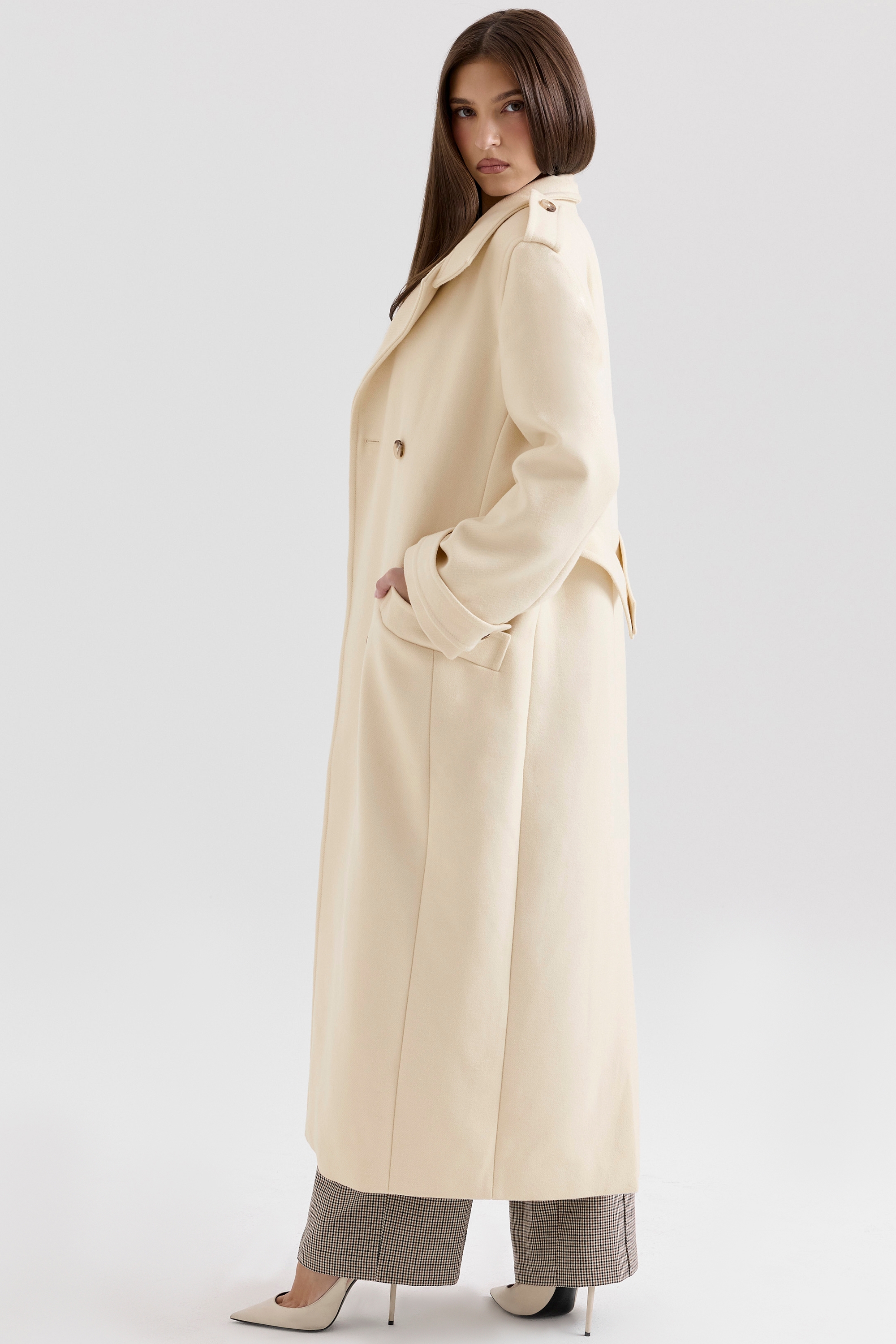 Sander-Cream Double Breasted Funnel Neck Coat