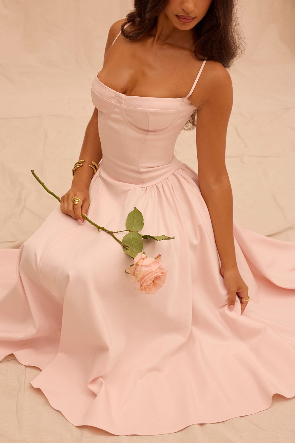 Samaria-Ballerina Pink Twill Corset Midi Dress