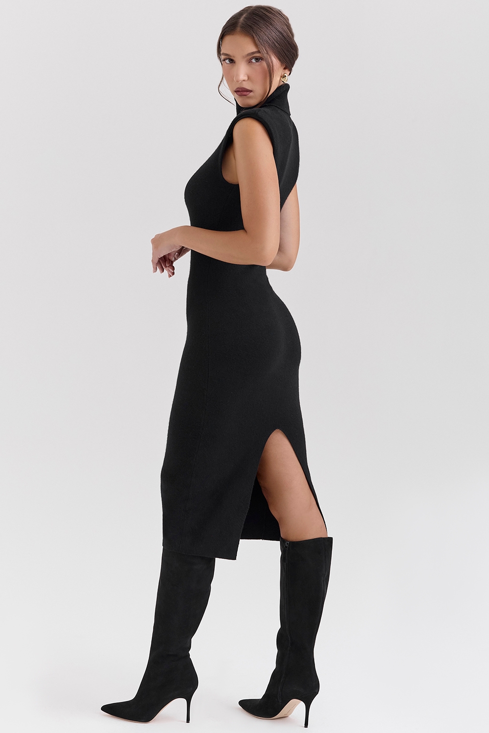 Gaia-Black Cashmere Blend Turtle Neck Midi Dress