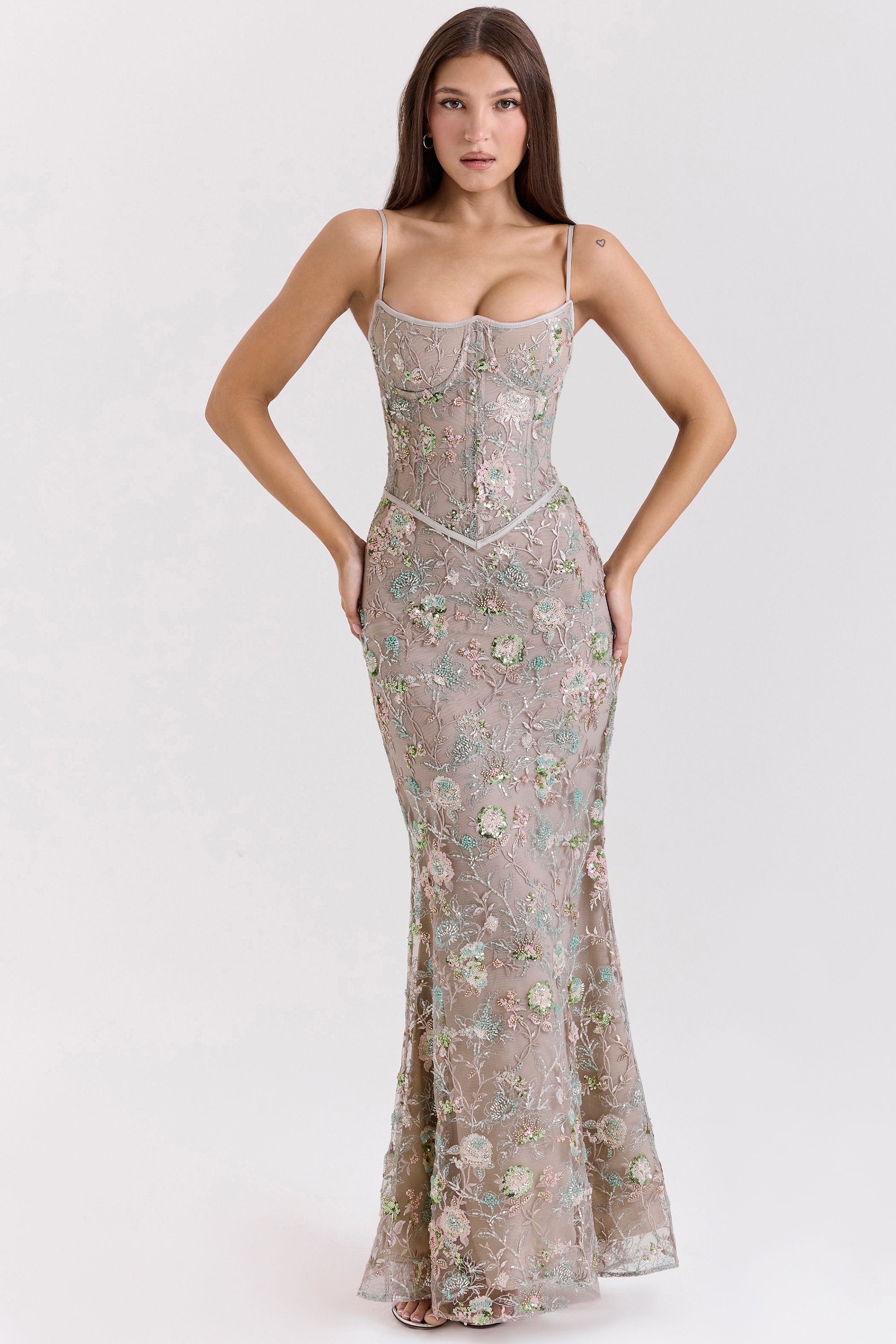 Naima-Silver Embellished Beaded Corset Maxi Dress